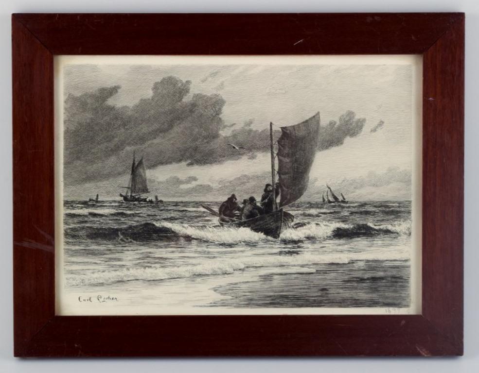 Carl Locher (1851-1915), a listed Danish realist painter.
The fishing boat arrives. Skagen.
Etching on paper.
1899.
Signed in print and signed in pencil CL 1899.
In excellent condition.
Dimensions: W 33.3 x H 23.6 cm.
Total dimensions with frame: