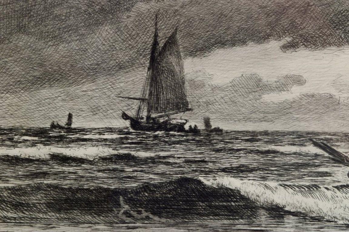 Late 19th Century Carl Locher. The fishing boat arrives. Skagen. Etching on paper. 1899.  For Sale