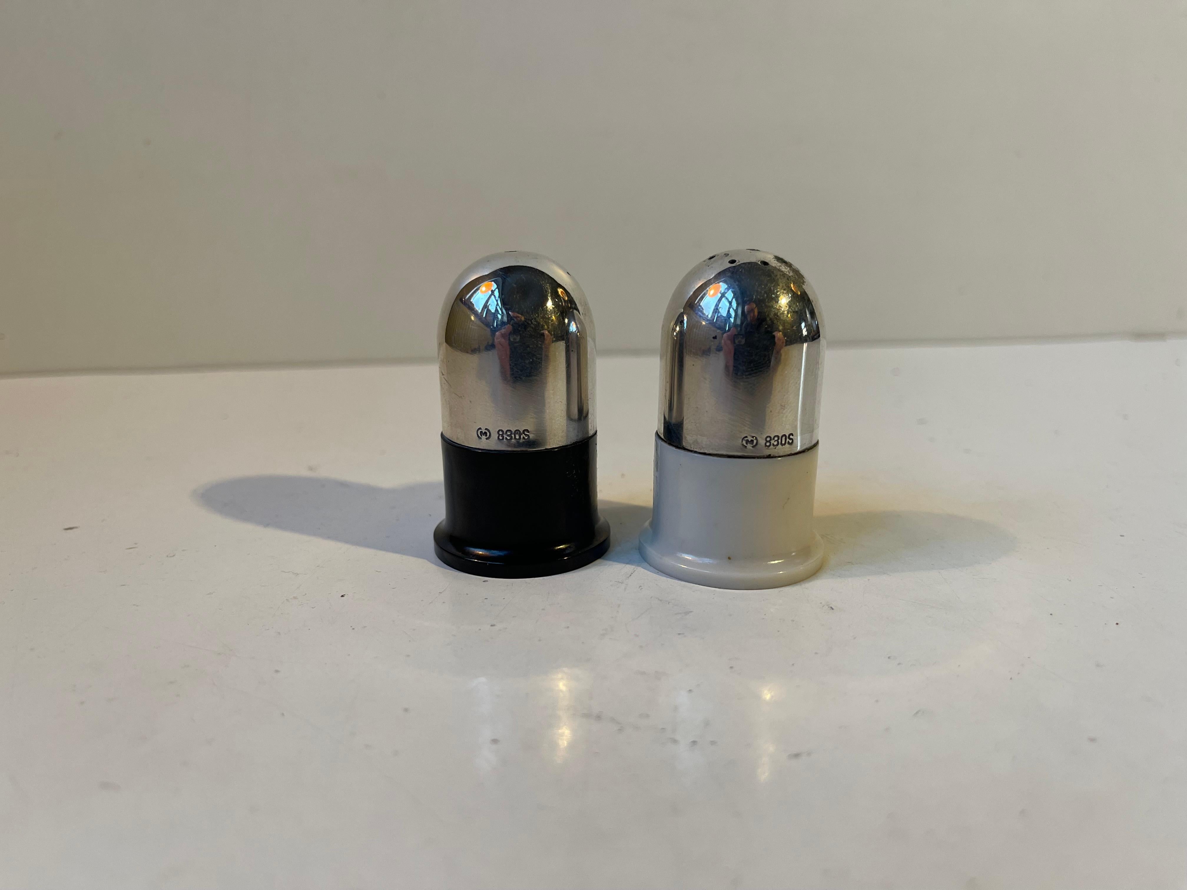 Danish Carl M. Cohr 1930s Salt & Pepper Robots in Silver & Bakelite For Sale