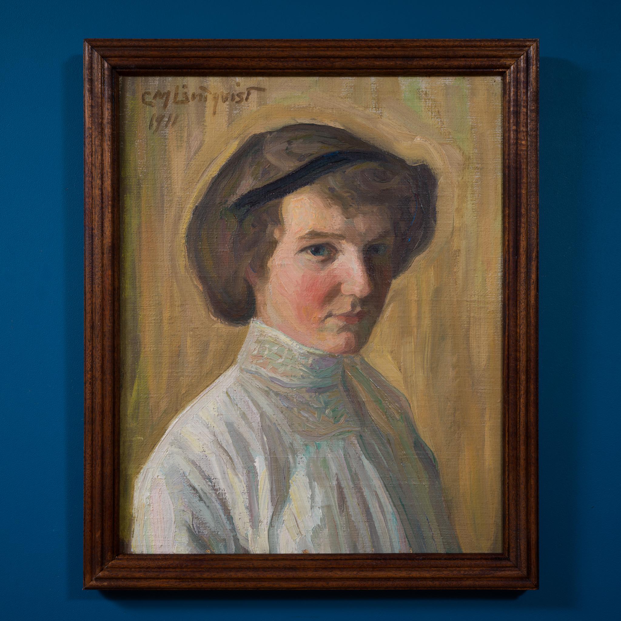 Porträt einer jungen Frau (1911) (Braun), Portrait Painting, von Carl Magnus Lindqvist