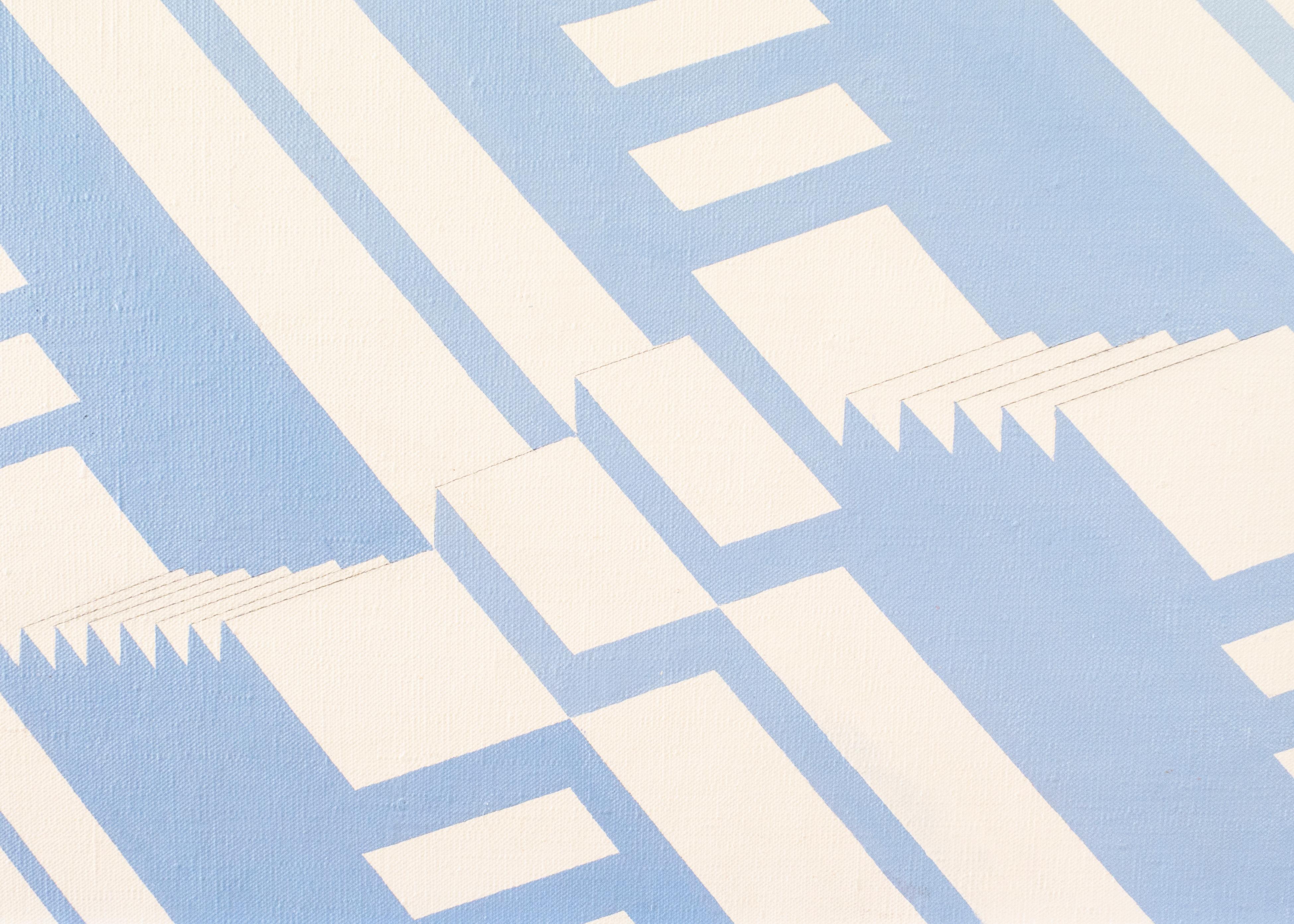 Oil on canvas within a white painted wood frame. Depicting stairs in against a graduated blue ground. Signed and dated on front: CM 73 and on reverse.