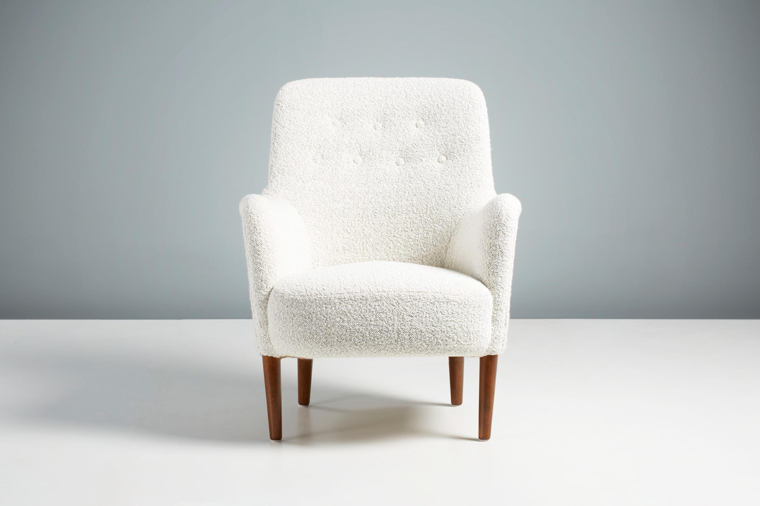 Carl Malmsten Armchair, circa 1950s.

An armchair upholstered armchairs from Swedish master: Carl Malmsten. This model is a lighter variation on the Samsas chair with taller legs. This chair has been reupholstered in Dedar Karakorum ‘Ecume’ fabric.