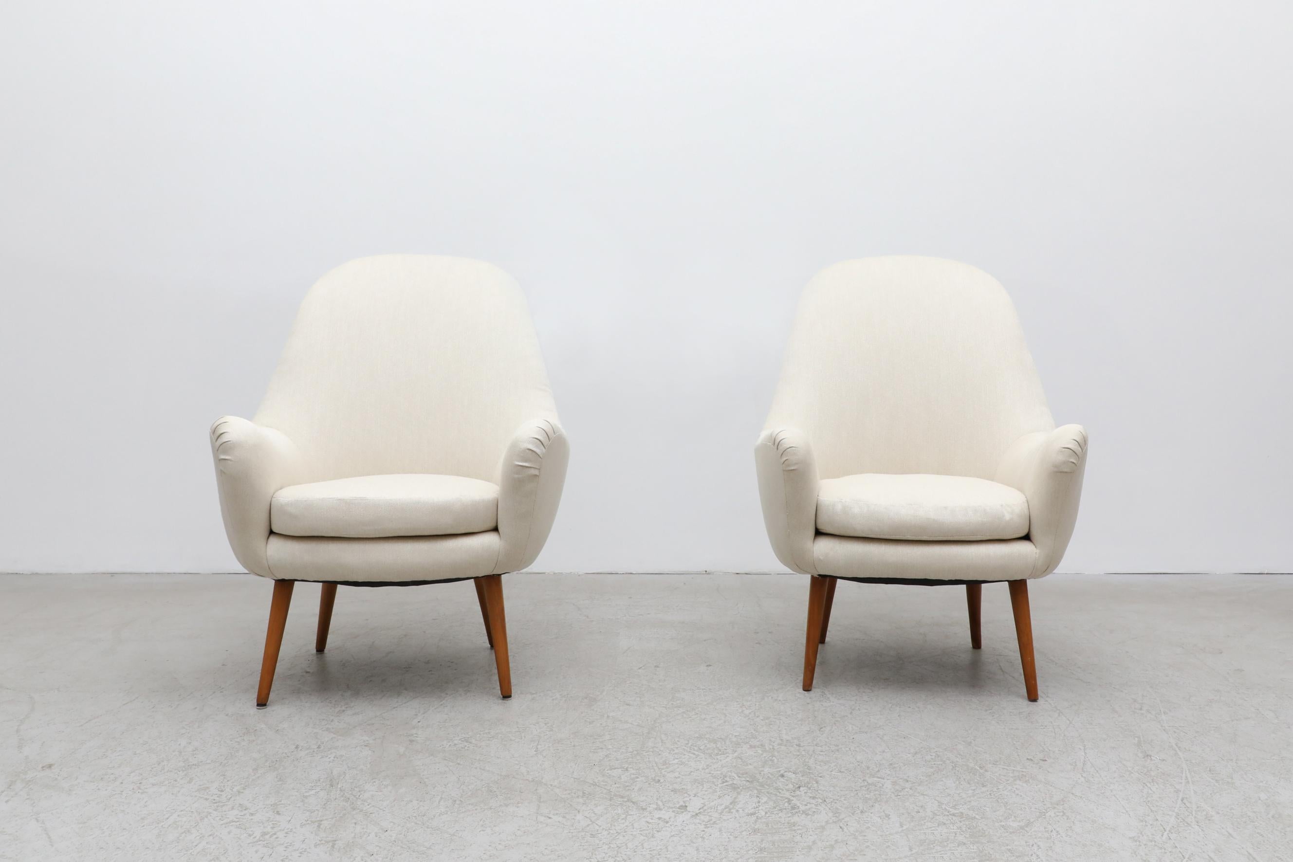Mid-Century Modern Carl Malmsten 'Attr' White Upholstered Tall Swedish Lounge Chairs w/ Wood Legs For Sale
