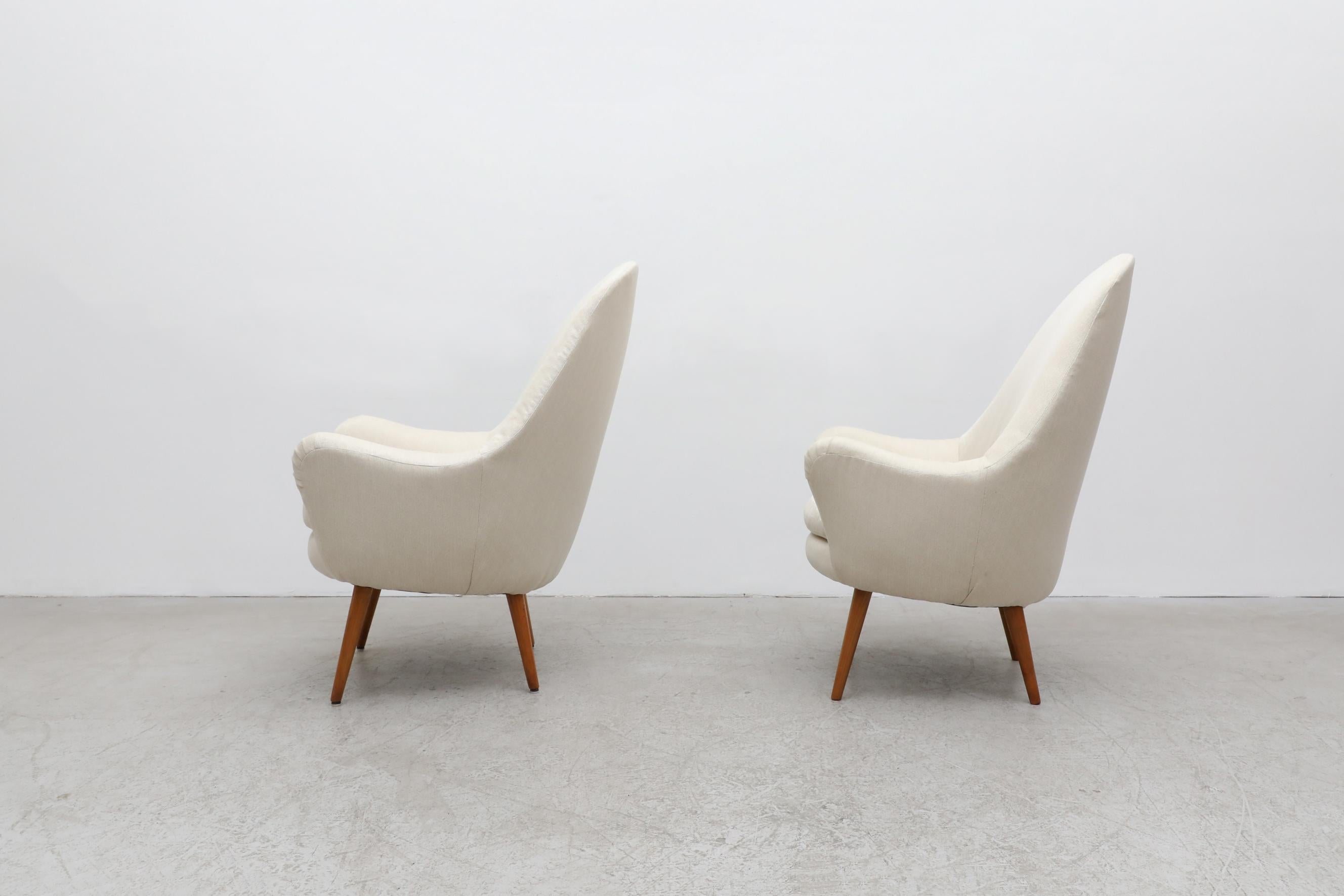 Mid-20th Century Carl Malmsten 'Attr' White Upholstered Tall Swedish Lounge Chairs w/ Wood Legs For Sale