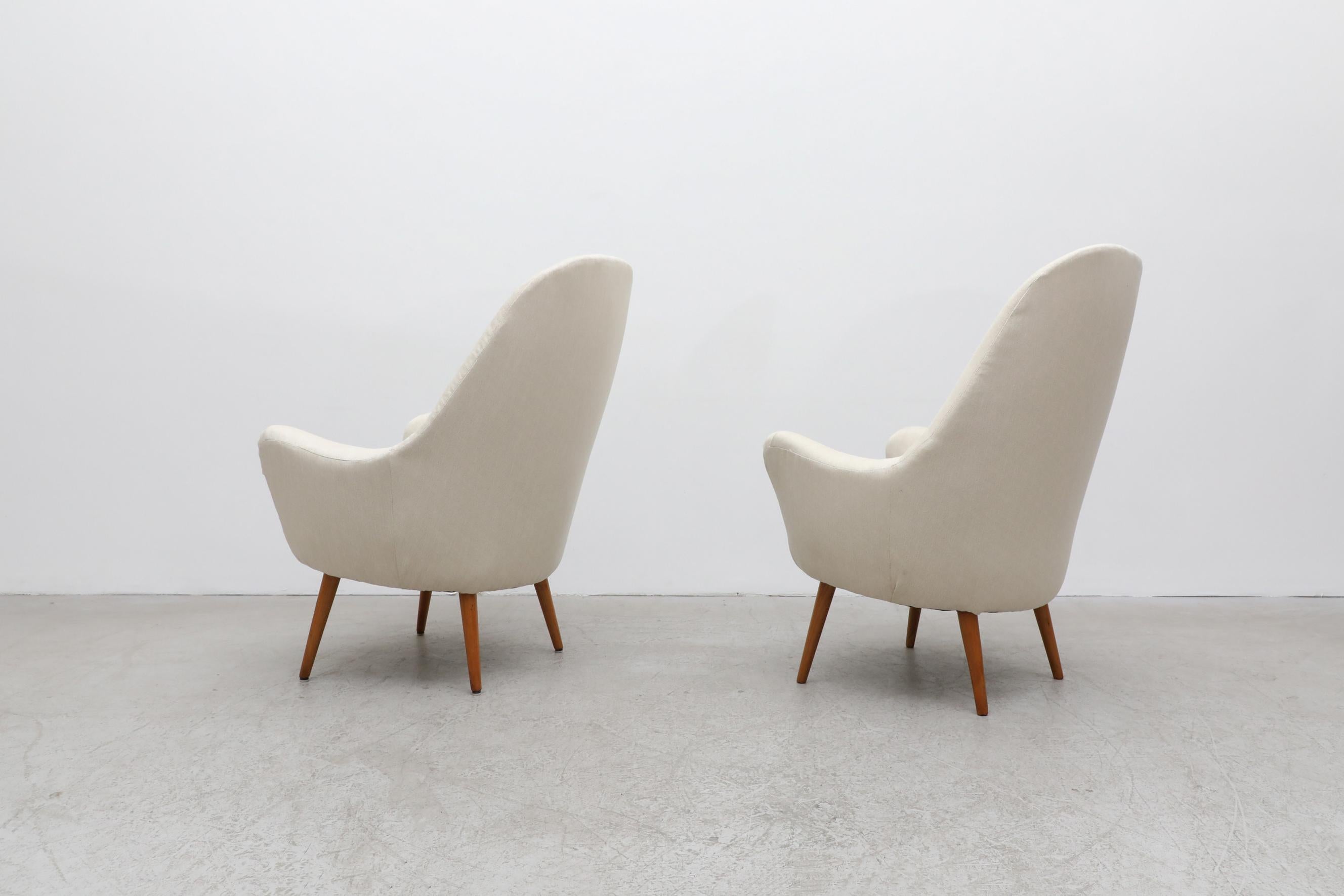 Upholstery Carl Malmsten 'Attr' White Upholstered Tall Swedish Lounge Chairs w/ Wood Legs For Sale