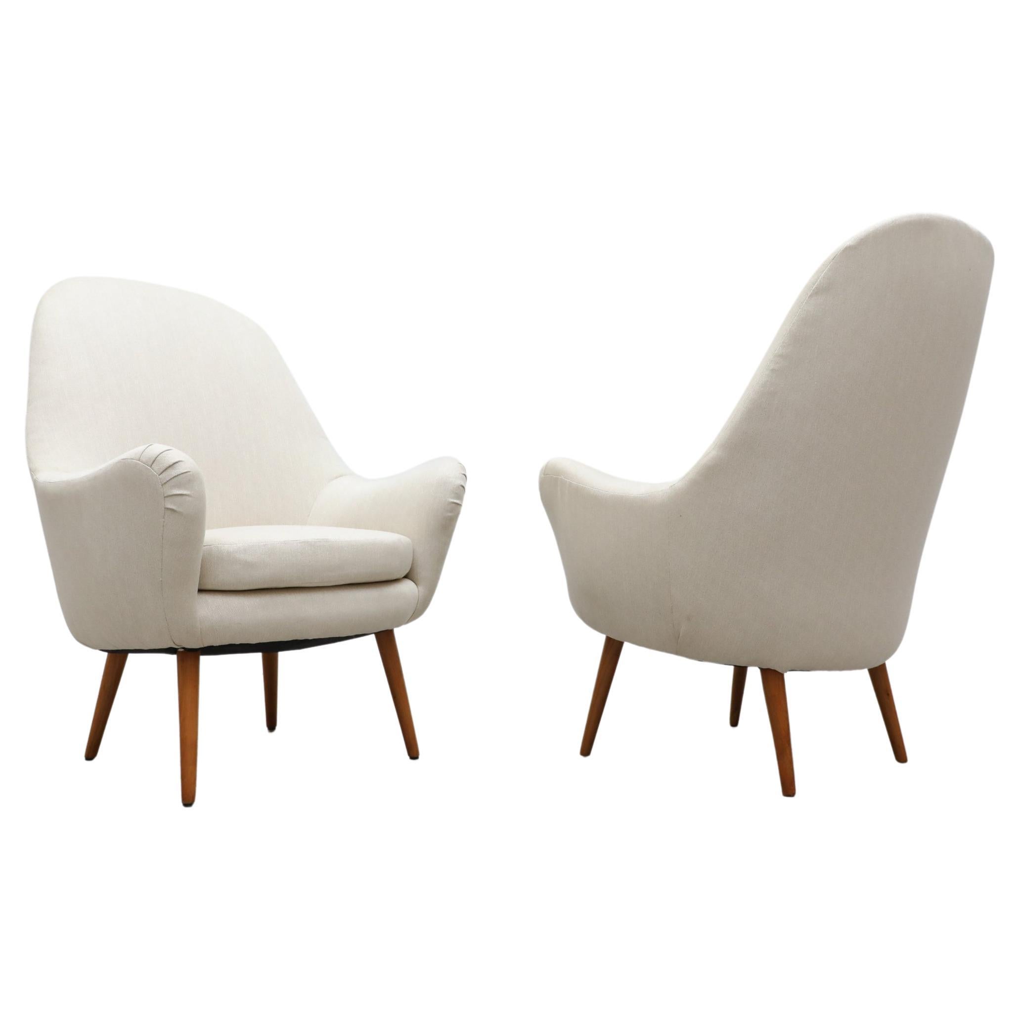 Carl Malmsten 'Attr' White Upholstered Tall Swedish Lounge Chairs w/ Wood Legs For Sale
