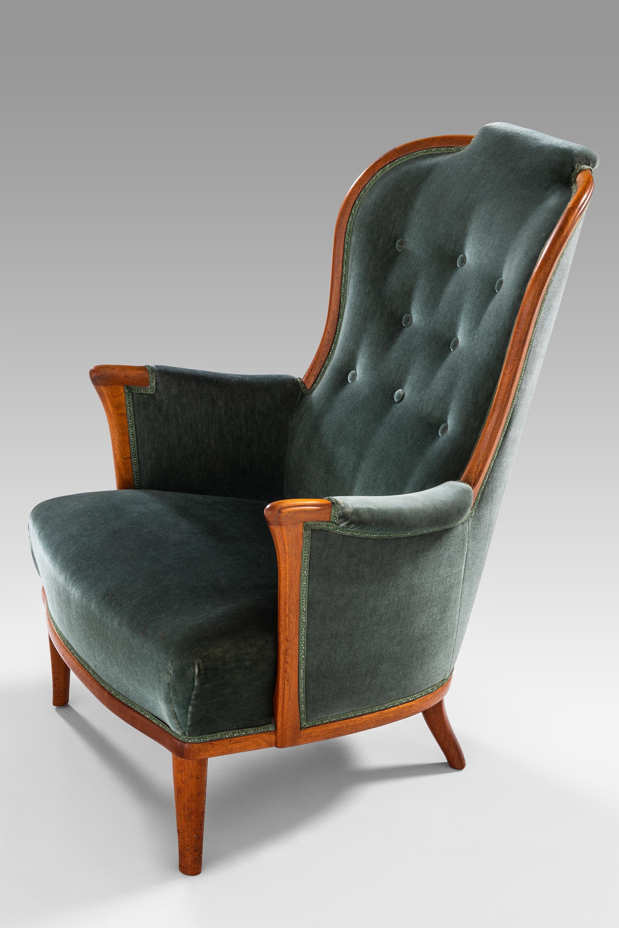 Velvet Carl Malmsten Easy Chairs Model Vår Fru Produced by Bodafors in Sweden