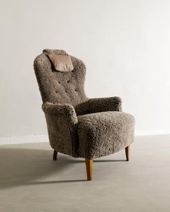 Carl Malmsten "Farmor" Mid Century Armchair in Sheepskin Produced in Sweden 1950