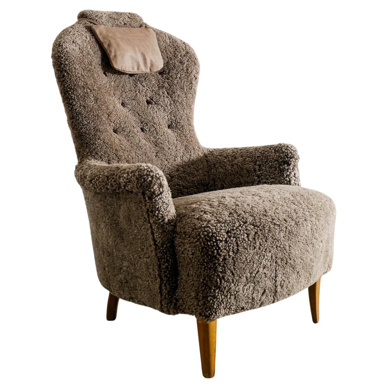 Carl Malmsten "Farmor" Mid Century Armchair in Sheepskin Produced in Sweden 1950 For Sale