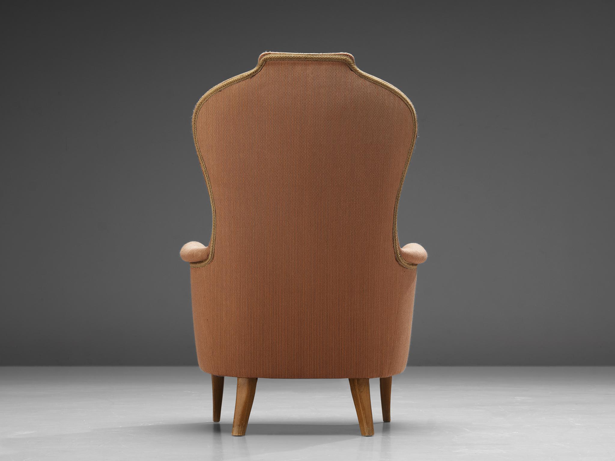 Scandinave moderne Carl Malmsten pour O.H. Sjögren Chaise longue 'Farmor' en tissu rouge et brun