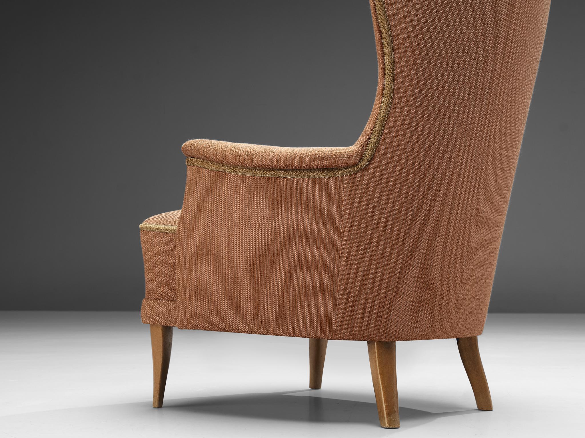 Carl Malmsten pour O.H. Sjögren Chaise longue 'Farmor' en tissu rouge et brun Bon état à Waalwijk, NL