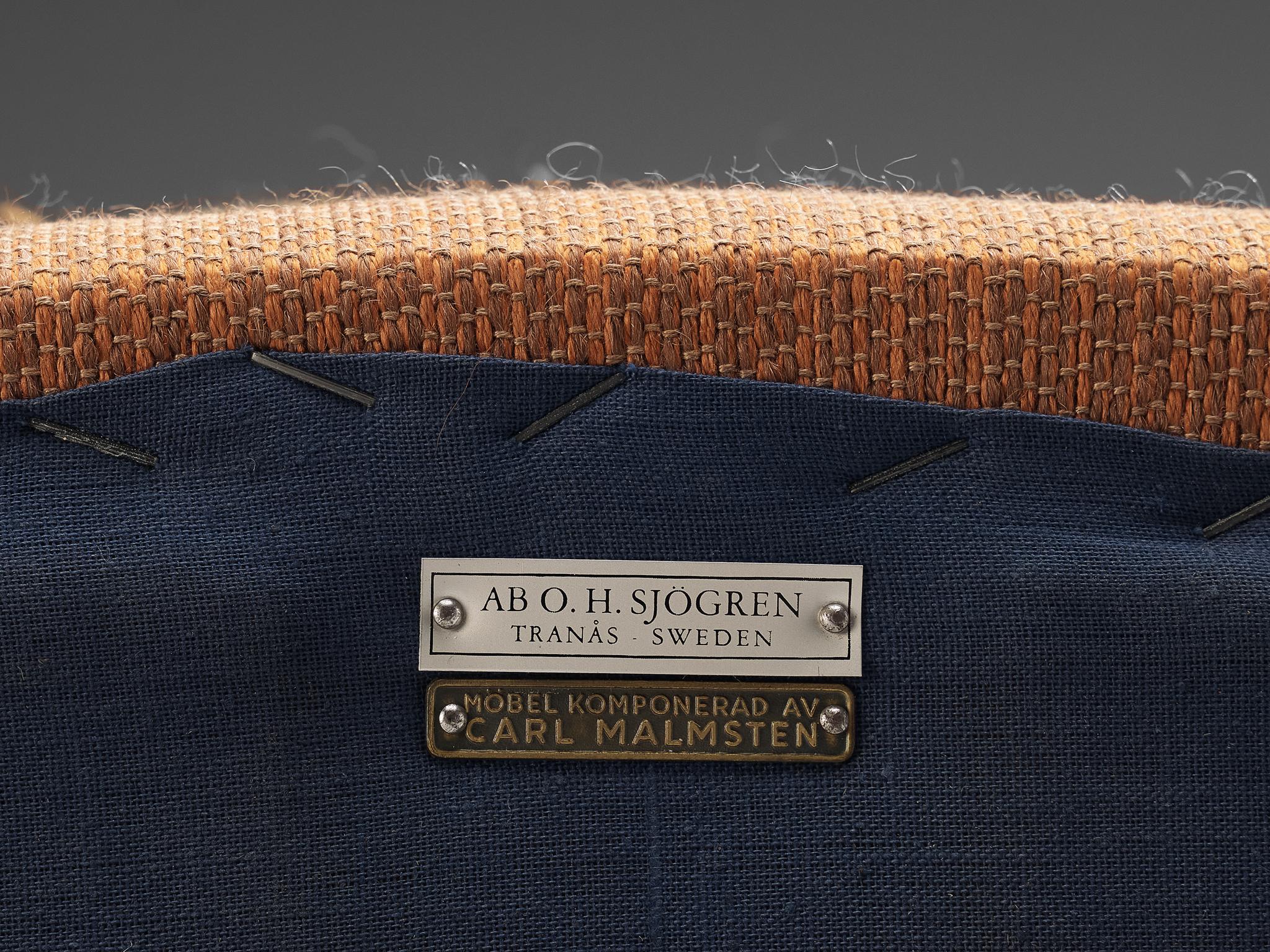 Tissu Carl Malmsten pour O.H. Sjögren Chaise longue 'Farmor' en tissu rouge et brun