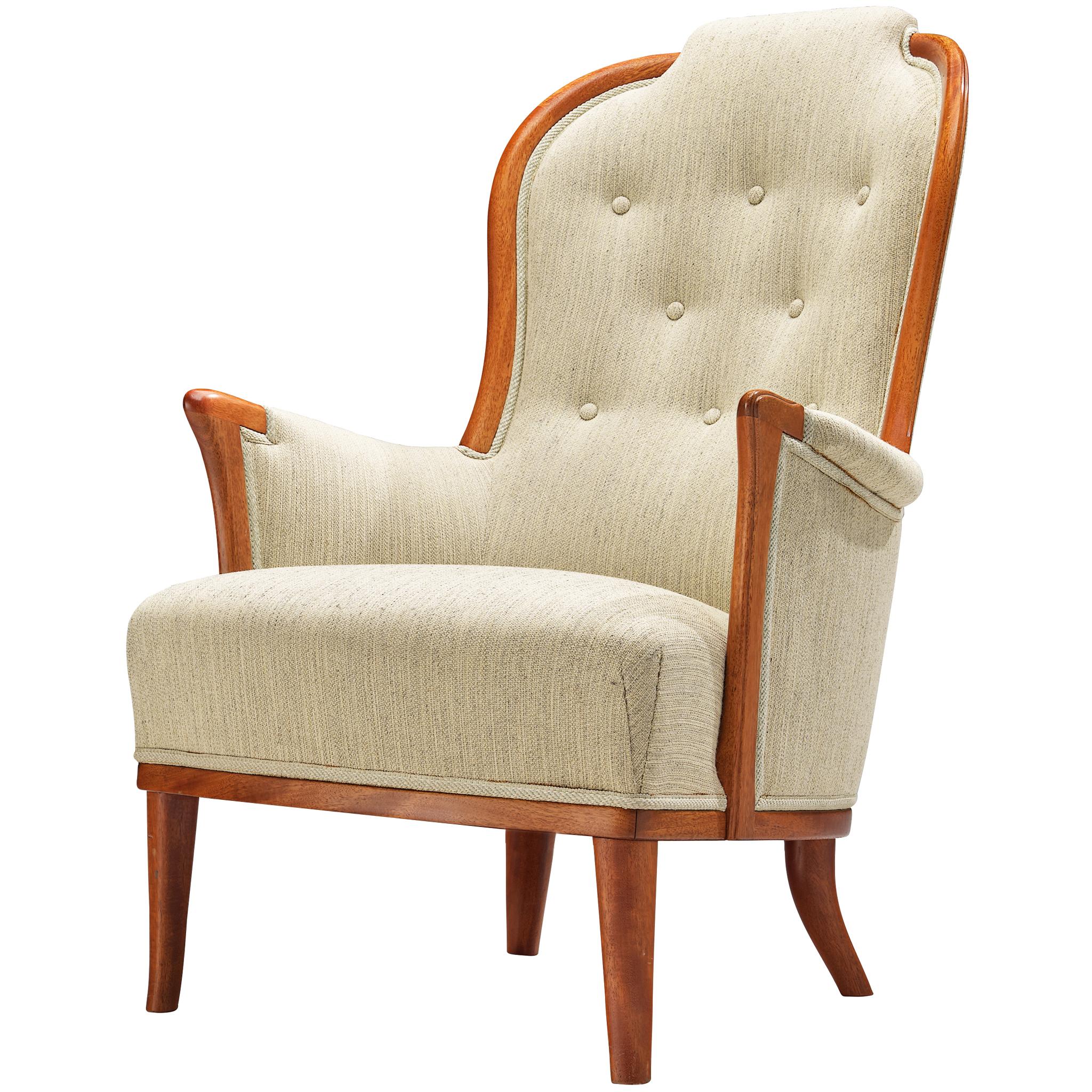 Carl Malmsten for O.H. Sjögren 'Our Lady' Lounge Chair in Teak and White Upholstery
