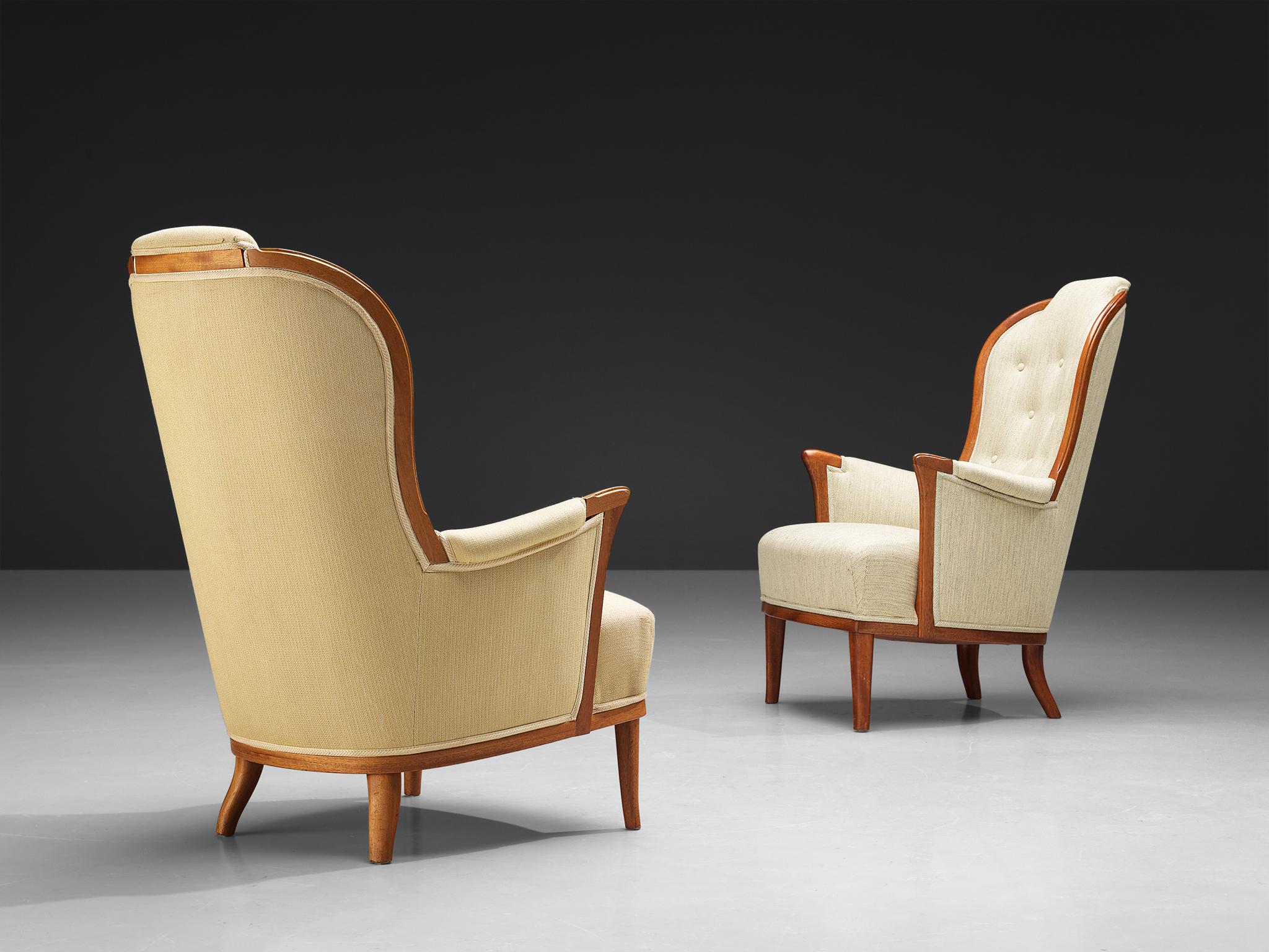 Fabric Carl Malmsten for O.H. Sjögren 'Our Lady' Lounge Chairs in Teak For Sale