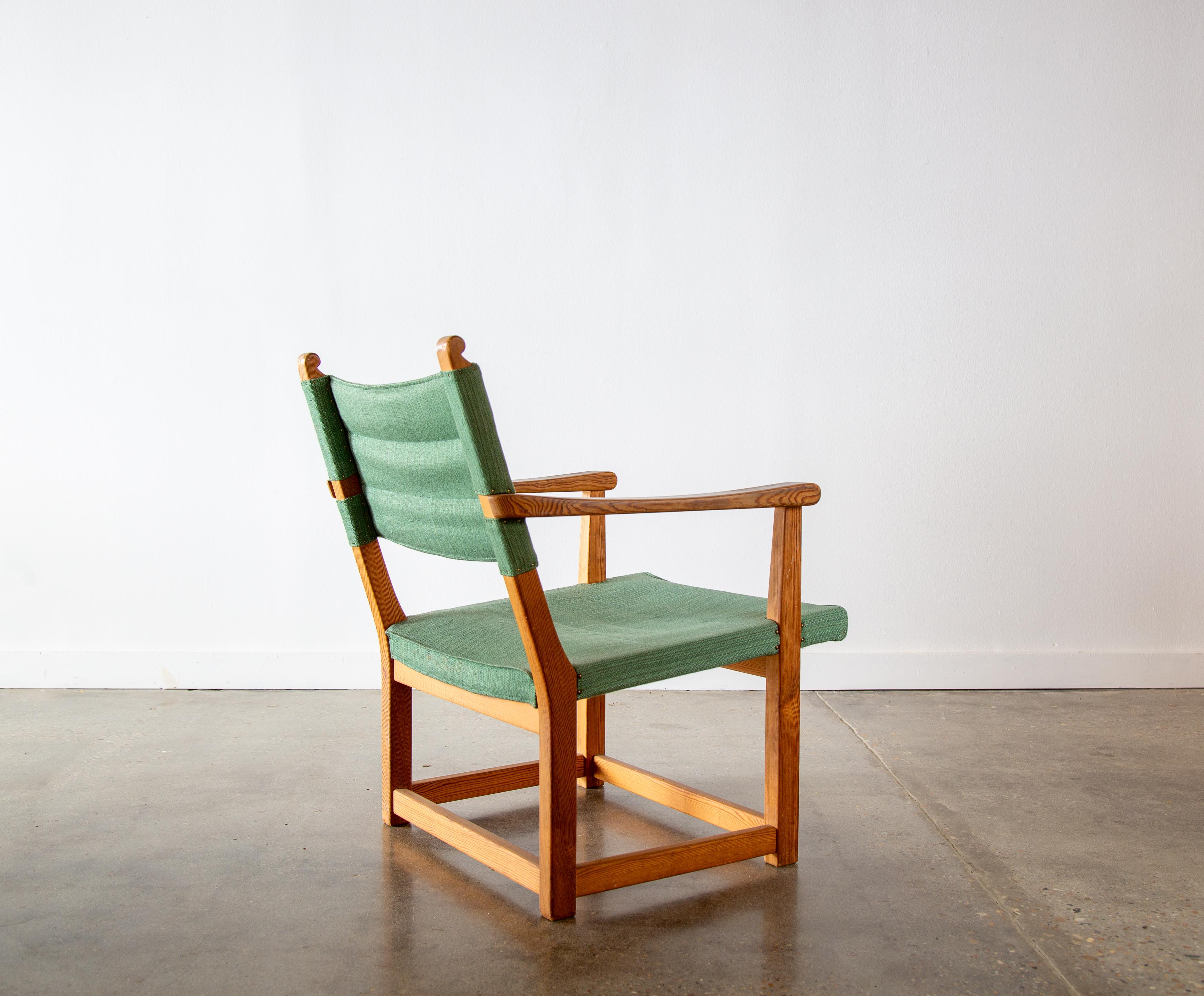 Mid-Century Modern Carl Malmsten Hangsits armchair in solid pine and green fabric c. 1947 For Sale