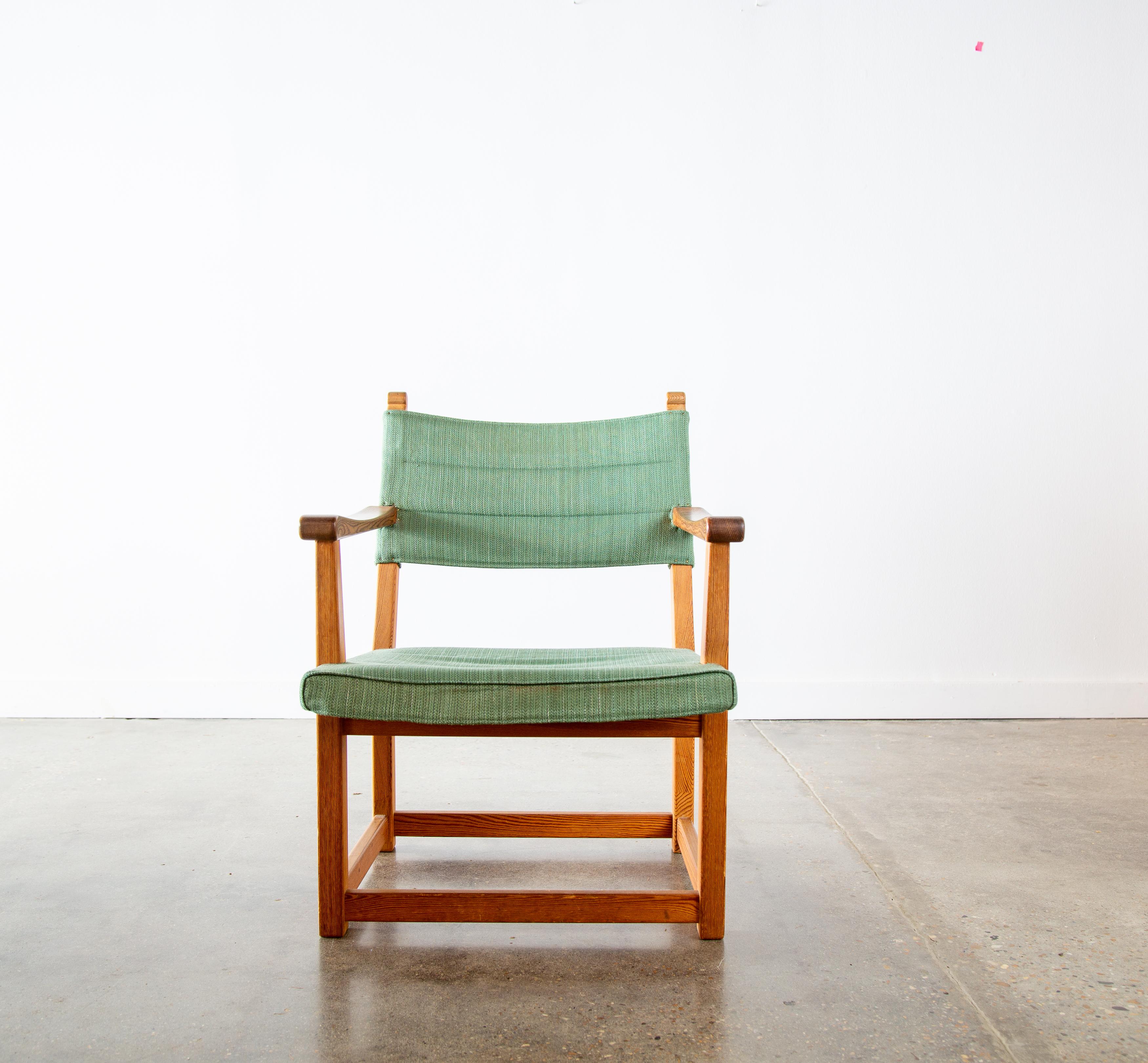 Swedish Carl Malmsten Hangsits armchair in solid pine and green fabric c. 1947 For Sale