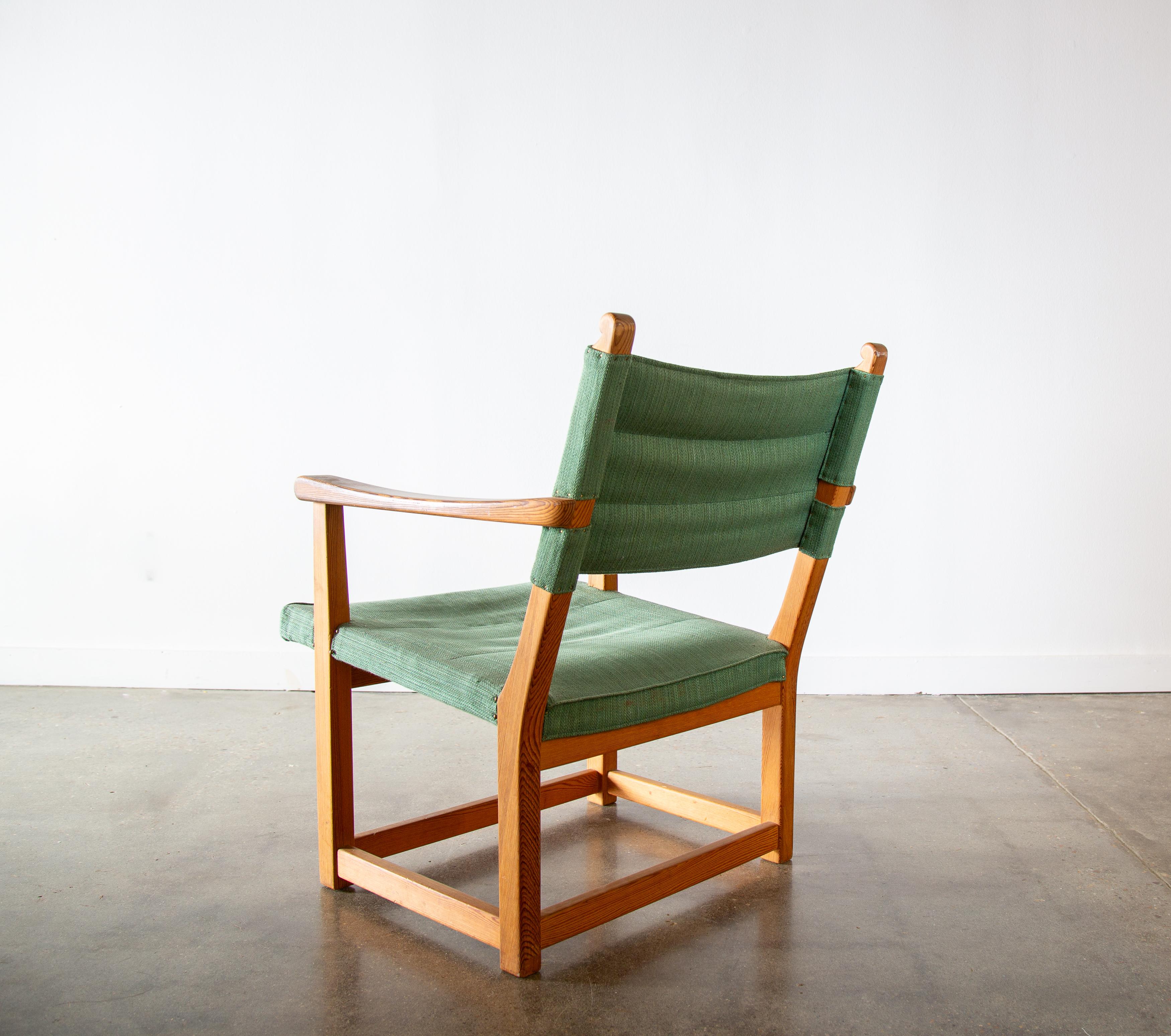 Mid-20th Century Carl Malmsten Hangsits armchair in solid pine and green fabric c. 1947 For Sale