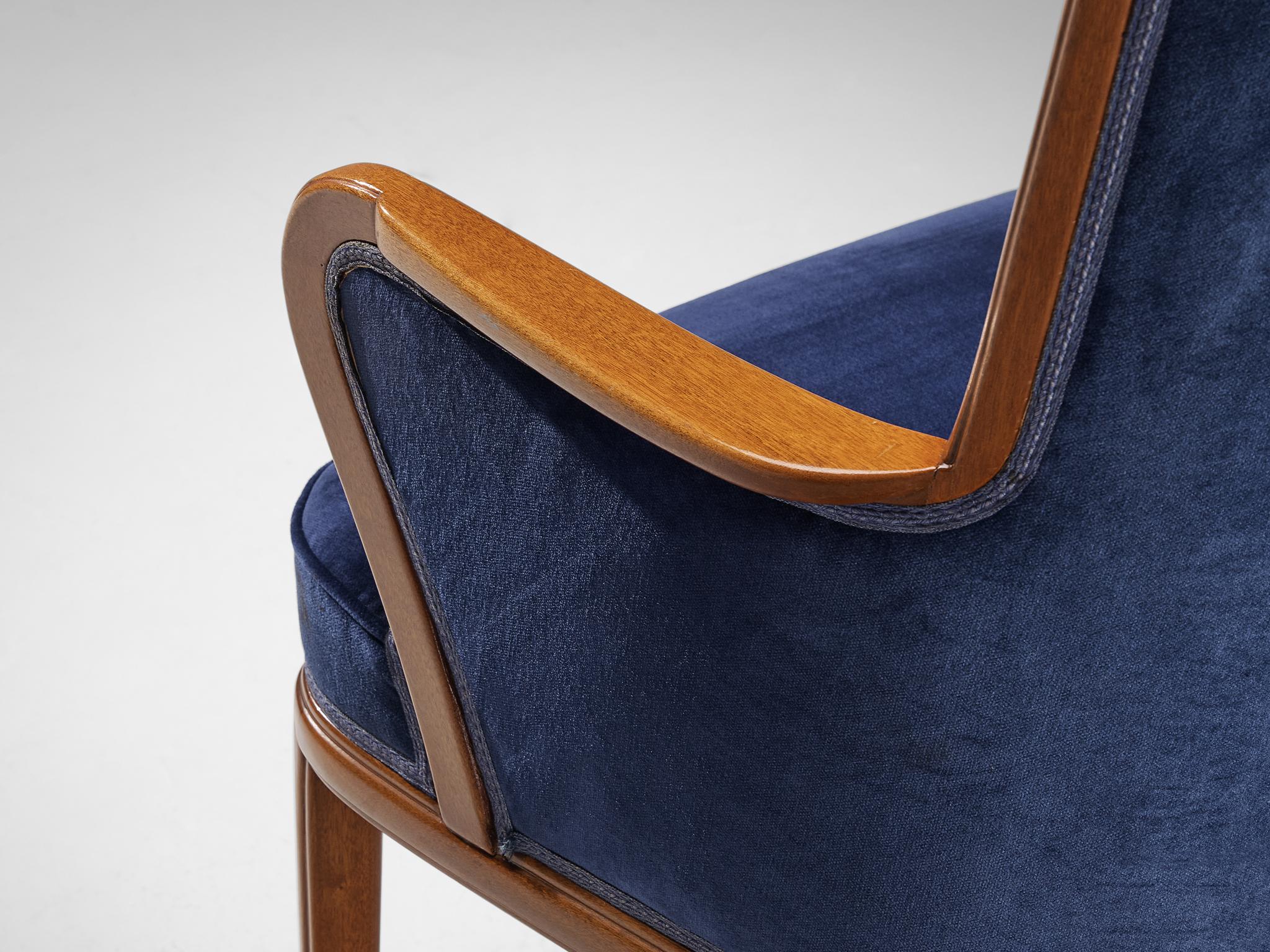 Swedish Carl Malmsten High Back Chair in Mahogany and Blue Upholstery For Sale