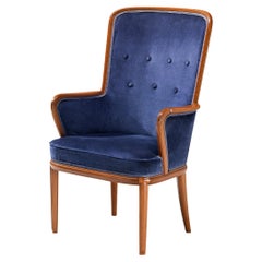 Carl Malmsten High Back Chair in Mahogany and Blue Upholstery 