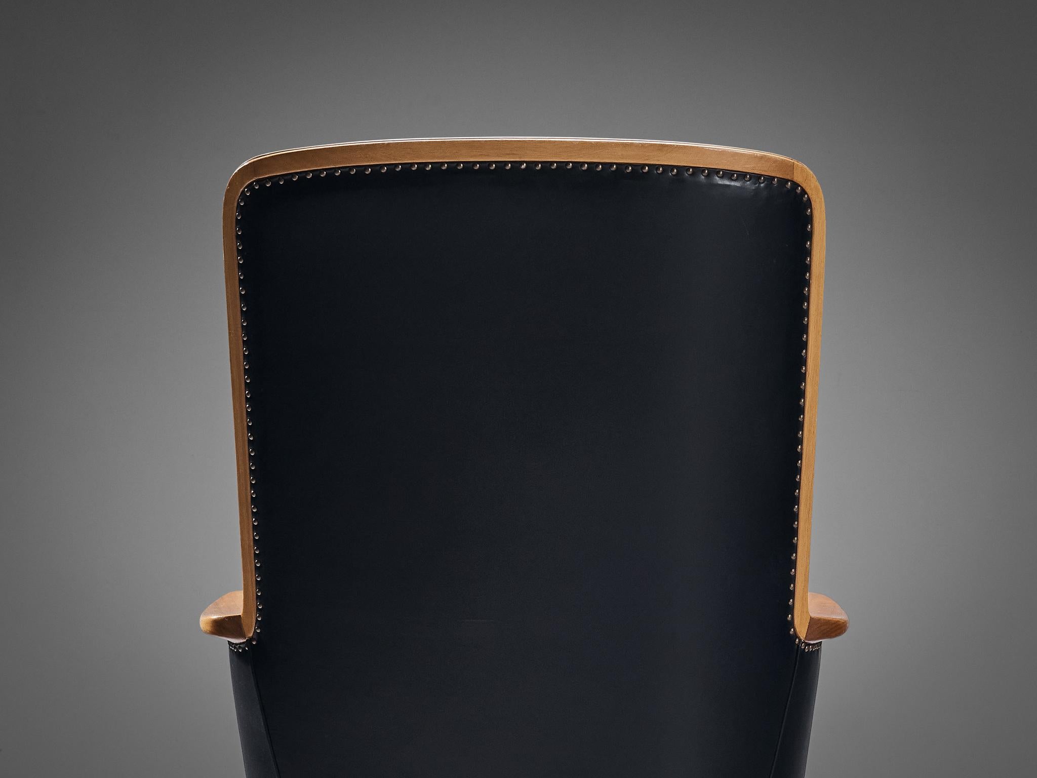 Scandinavian Modern Carl Malmsten High Back Chair in Walnut and Black Leather For Sale