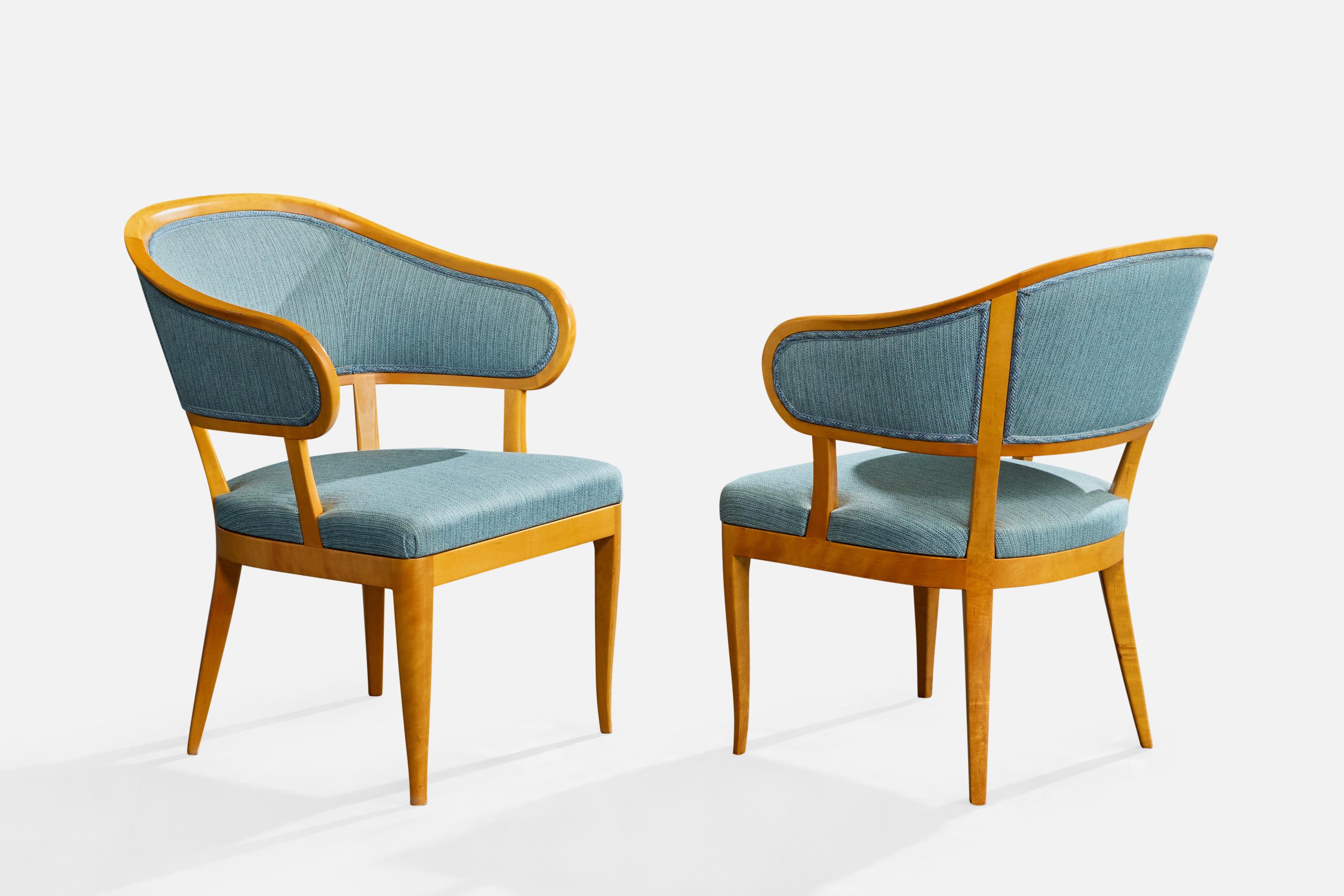 Mid-Century moderno Carl Malmsten, Lounge Chairs, Birch, Fabric, Sweden, 1950s in vendita