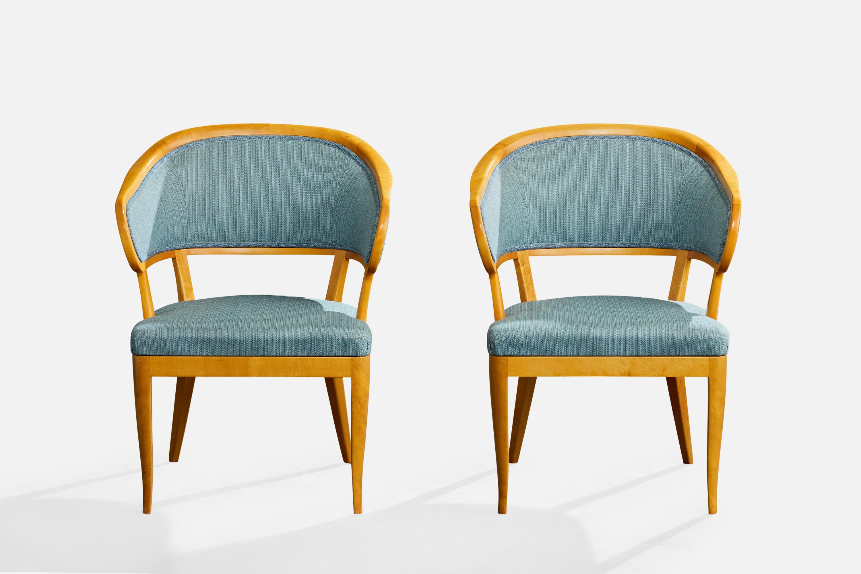 Svedese Carl Malmsten, Lounge Chairs, Birch, Fabric, Sweden, 1950s in vendita