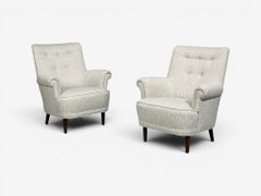 Carl Malmsten, Lounge Chairs, Grey Fabric, Wood, Sweden, 1950s