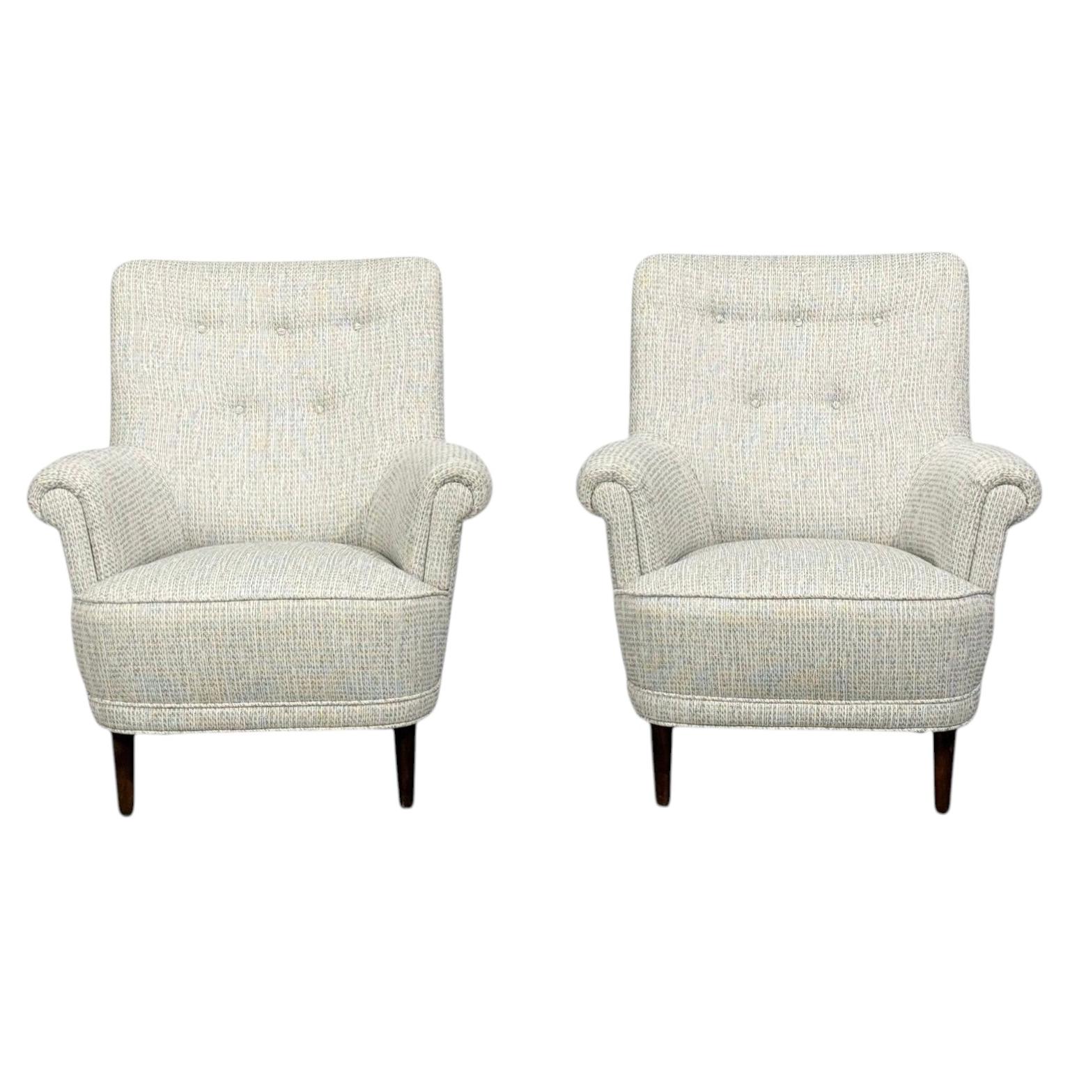 Carl Malmsten, Lounge Chairs, Grey Fabric, Wood, Sweden, 1950s