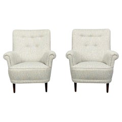 Carl Malmsten, Lounge Chairs, Grey Fabric, Wood, Sweden, 1950s