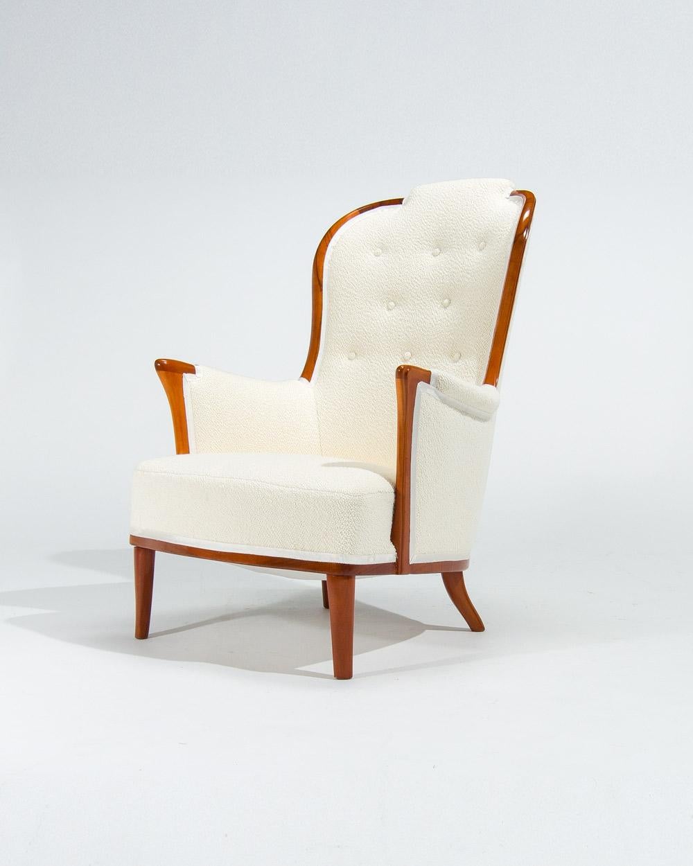Bouclé Chaises longues Carl Malmsten en bouclier crème, Suède, années 1950 en vente