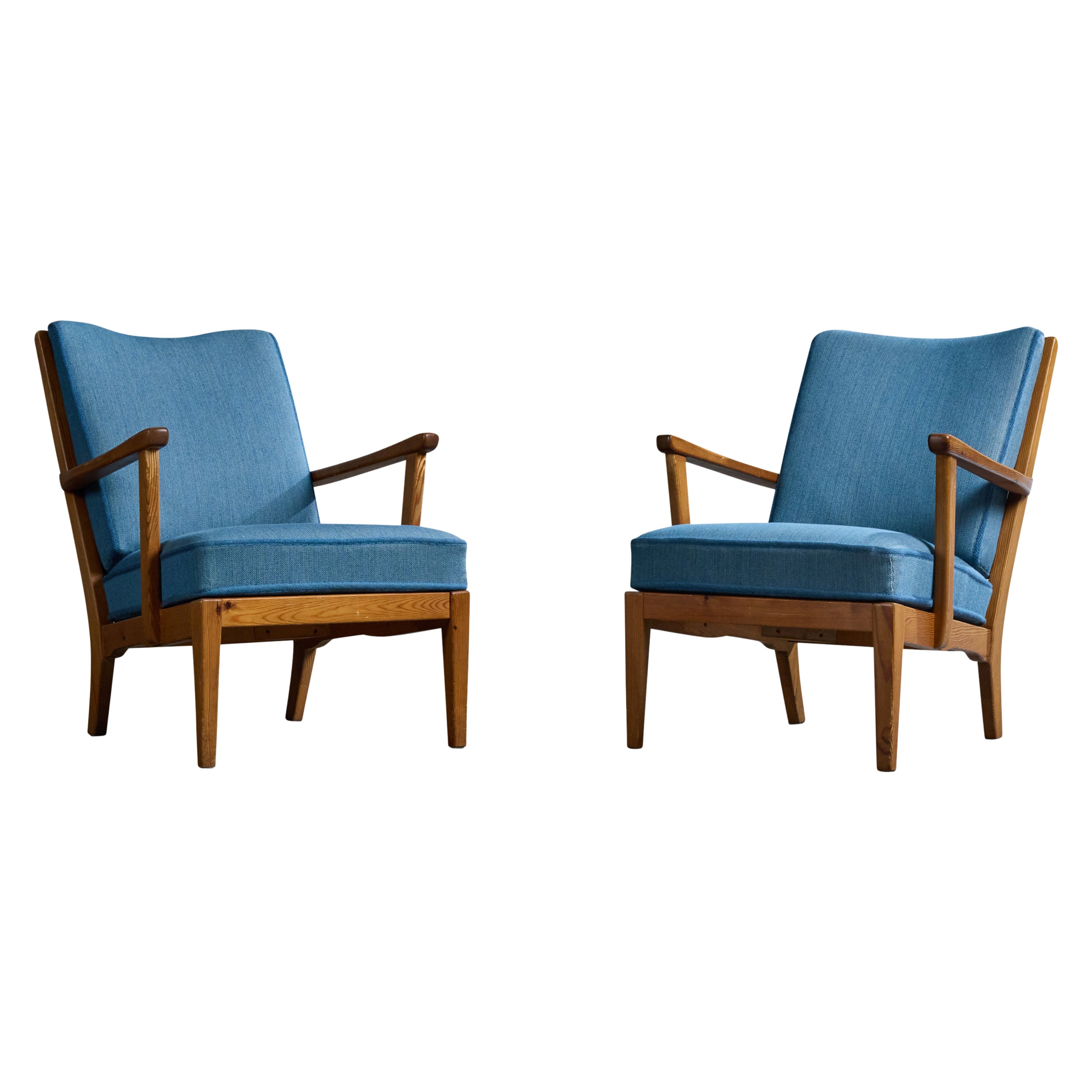 Carl Malmsten, Lounge Chairs, Pine, Fabric, Sweden, 1960s For Sale