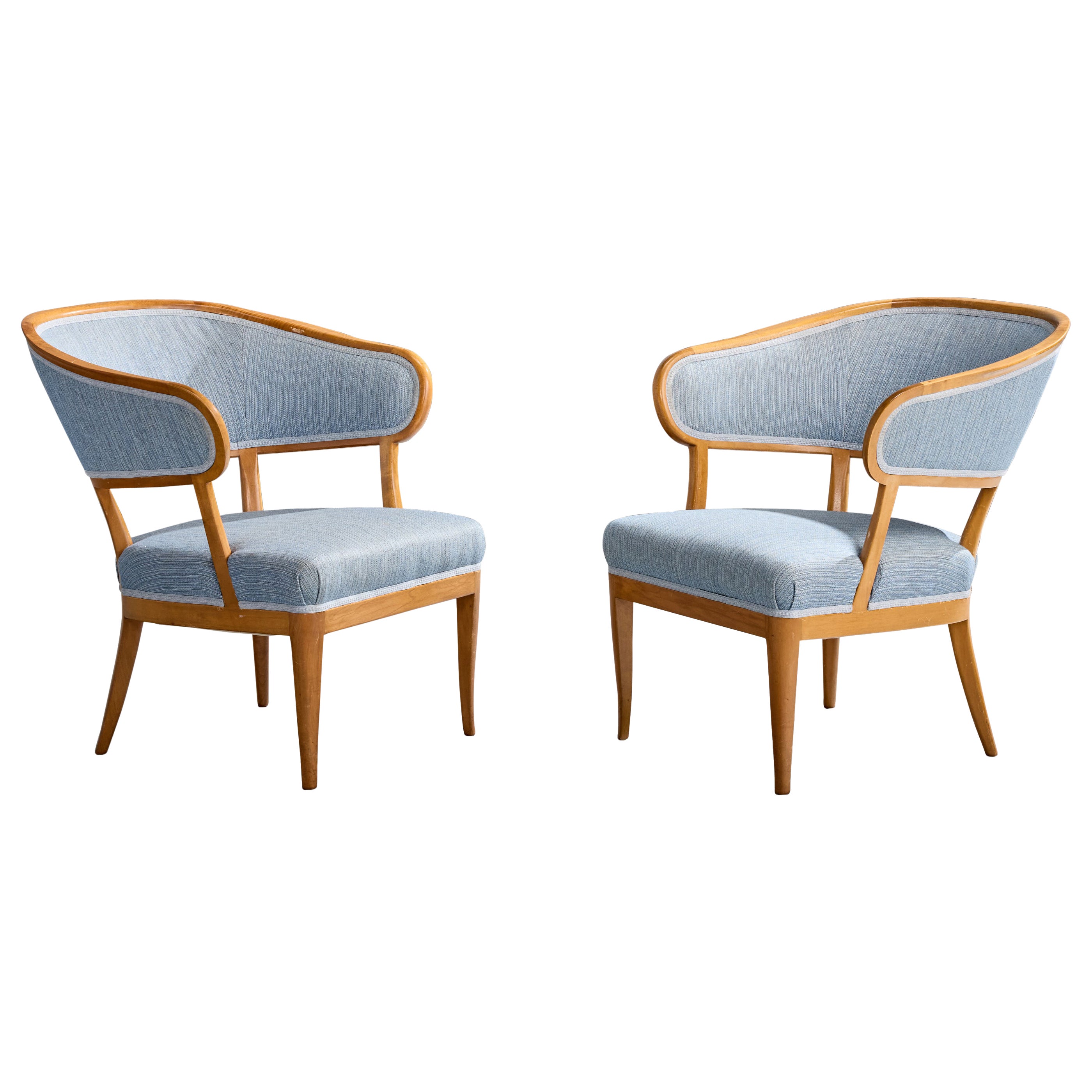 Carl Malmsten, Lounge Chairs, Walnut, Fabric, Sweden, 1950s