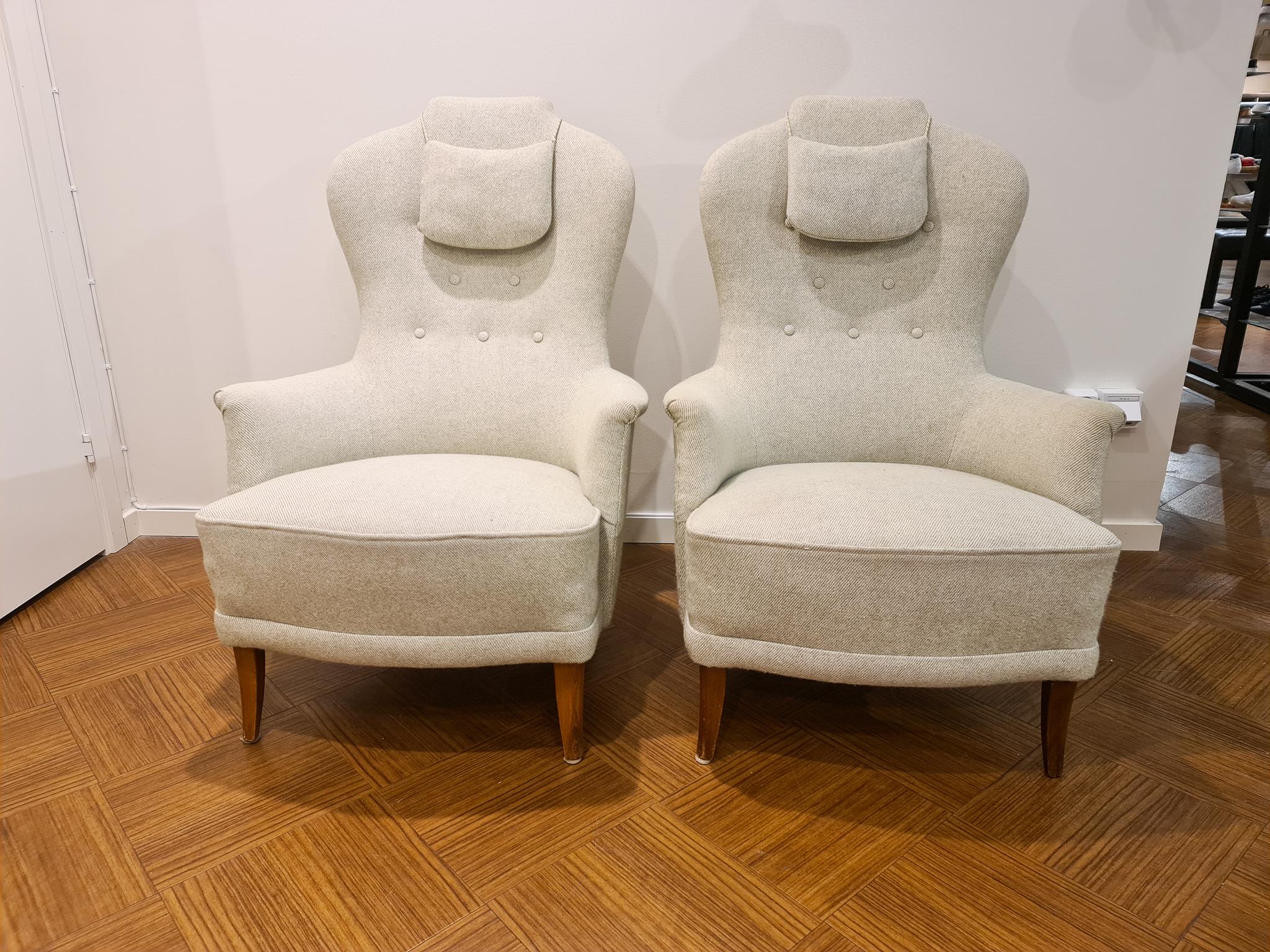 Swedish Carl Malmsten Model 'Farmor' Set of 2 Lounge Chairs Scandinavian Midcentury