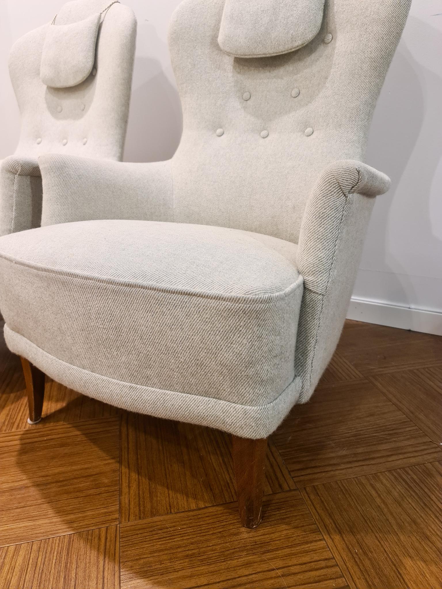 Wool Carl Malmsten Model 'Farmor' Set of 2 Lounge Chairs Scandinavian Midcentury