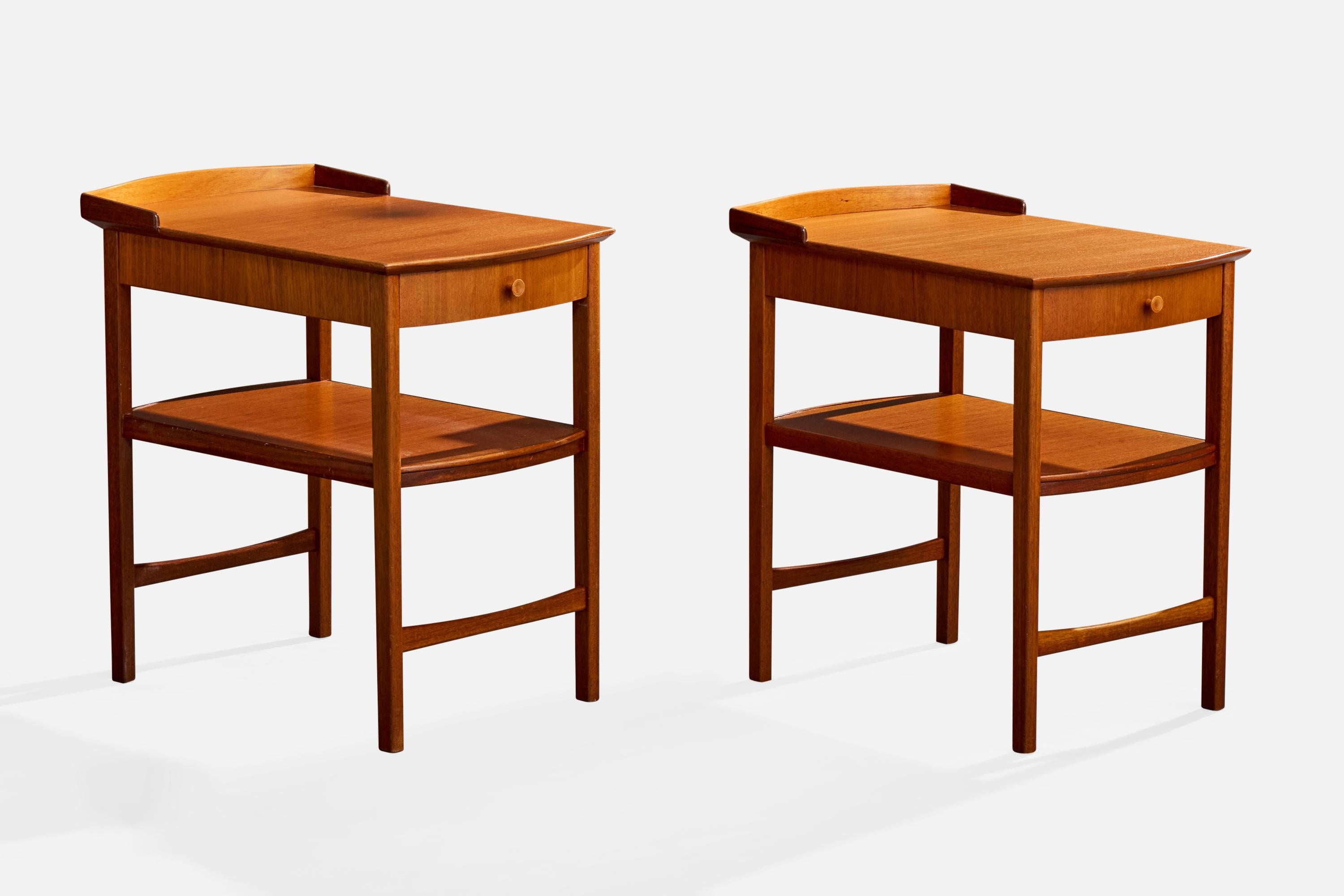 A pair of teak nightstands designed by Carl Malmsten and produced by Bodafors, Sweden, c. 1950s.

Stain to one tabletop surface. Natural cracking of trim edge.  Minimal wear to inside drawers.

Overall Dimensions (inches): 24.25