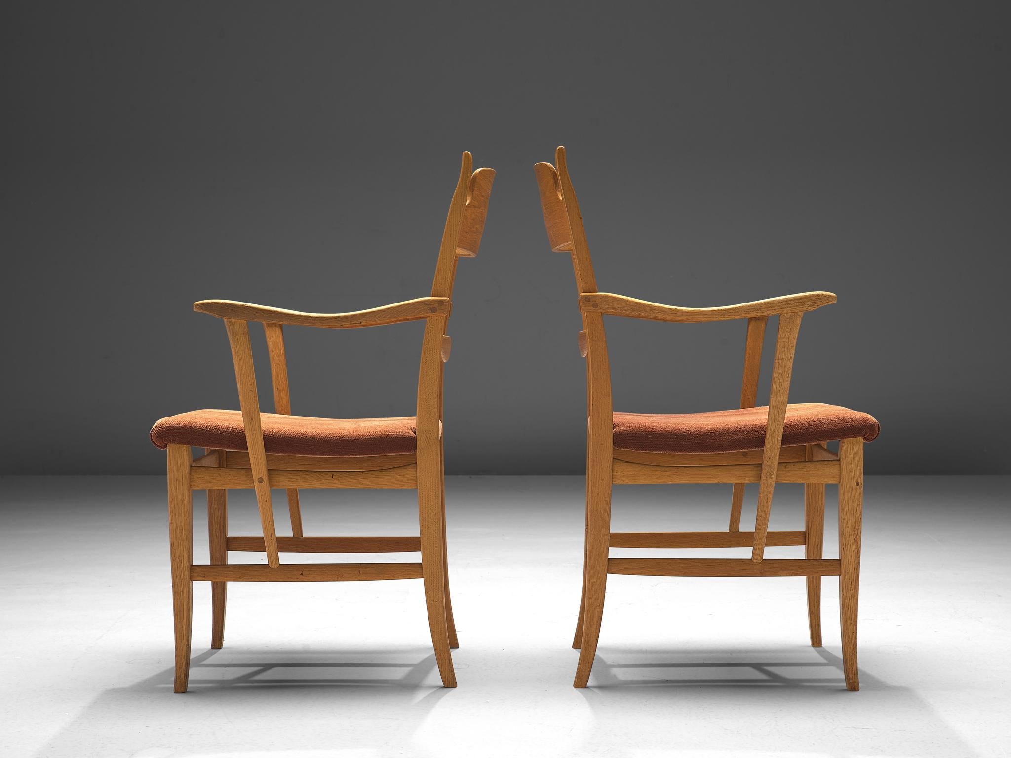 Swedish Carl Malmsten Pair of Armchairs in Oak and Orange Upholstery For Sale
