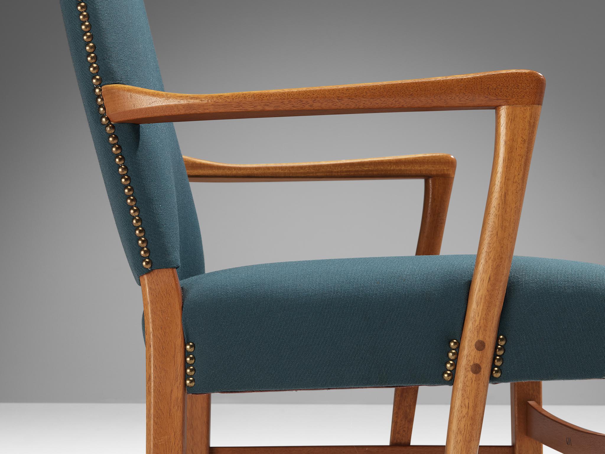 Scandinavian Modern Carl Malmsten Pair of Armchairs in Teak and Green-Blue Upholstery  For Sale