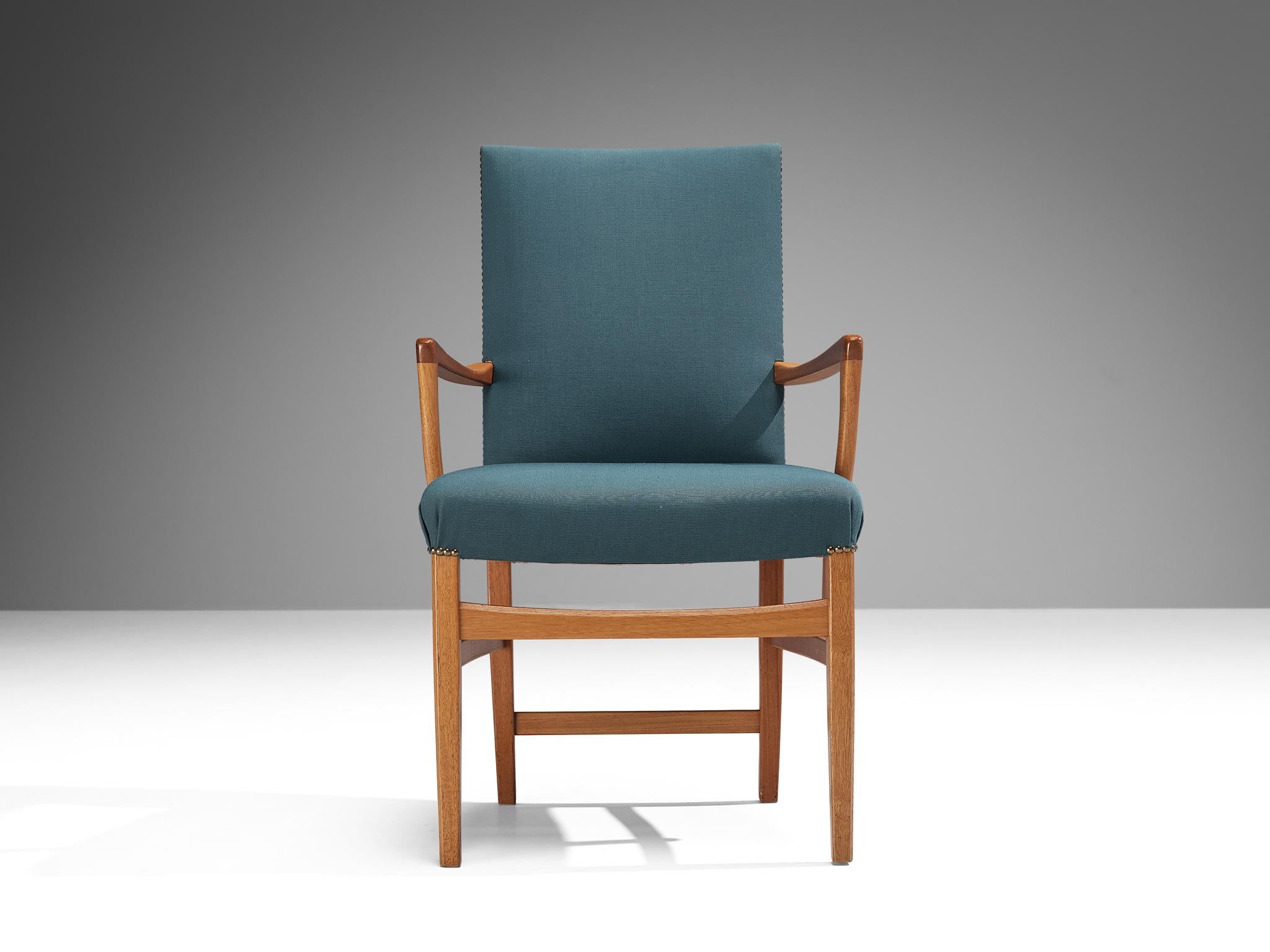 Swedish Carl Malmsten Pair of Armchairs in Teak and Green-Blue Upholstery  For Sale