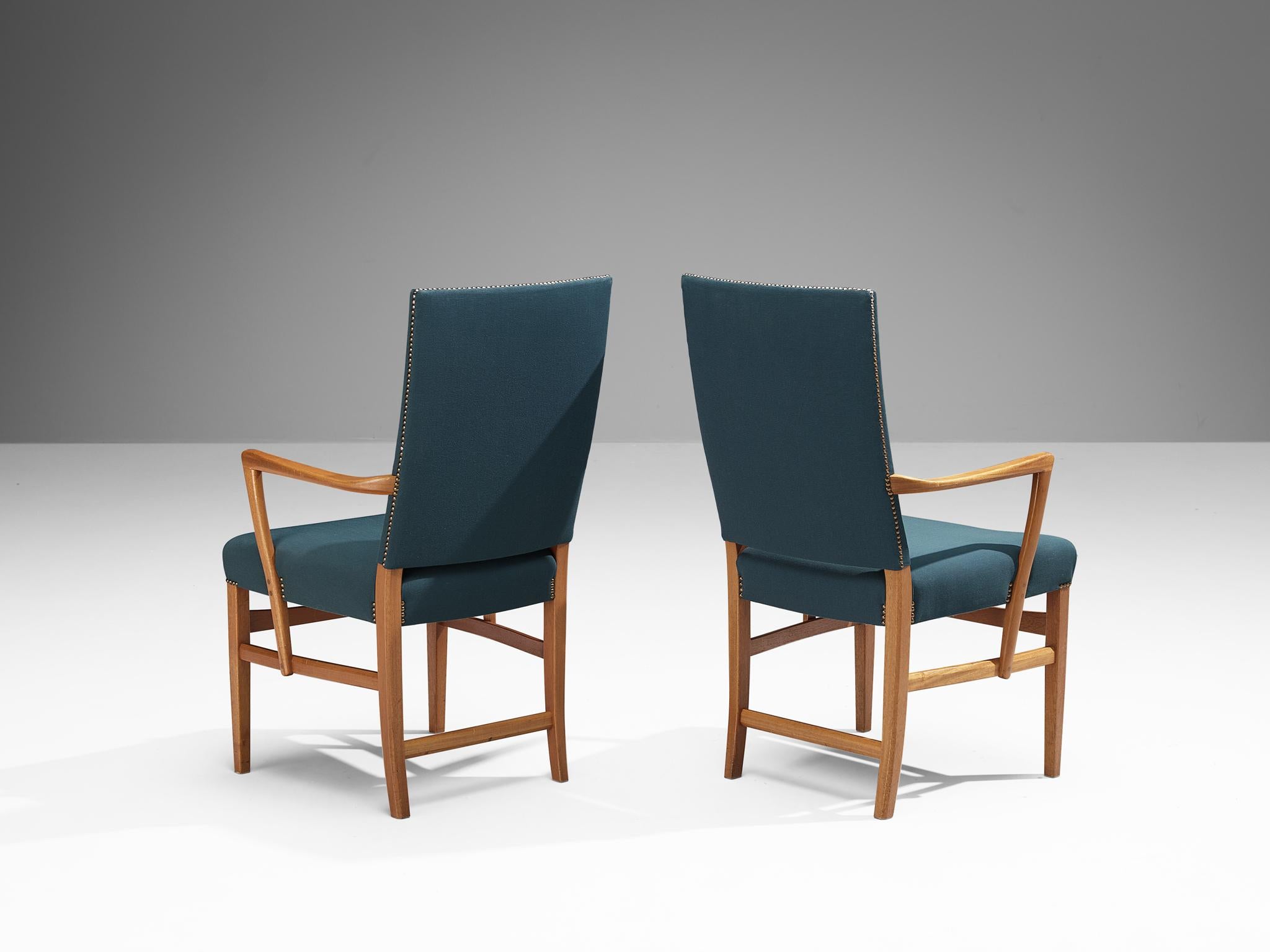 Carl Malmsten Pair of Armchairs in Teak and Green-Blue Upholstery  In Good Condition For Sale In Waalwijk, NL