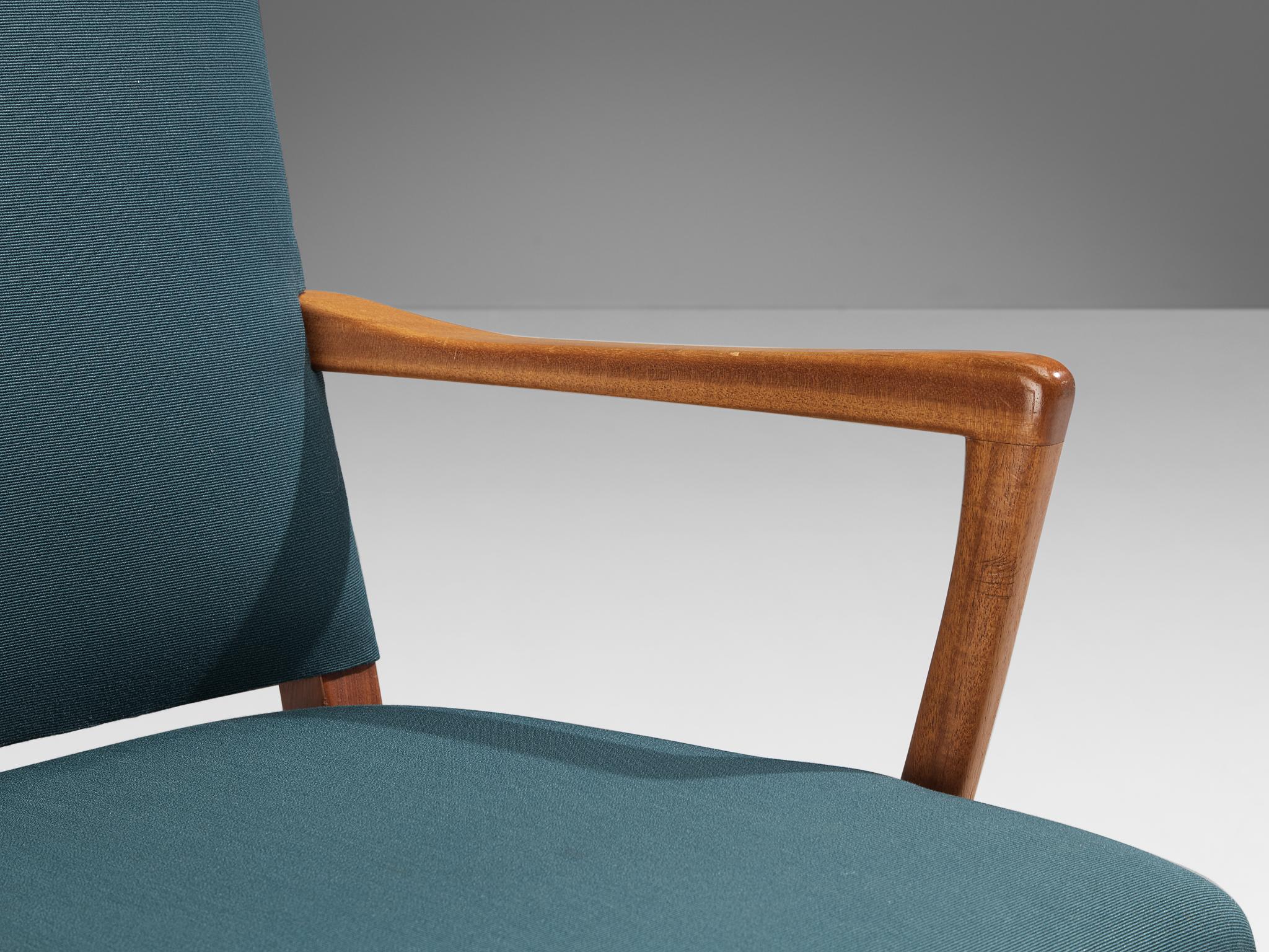 Late 20th Century Carl Malmsten Pair of Armchairs in Teak and Green-Blue Upholstery  For Sale