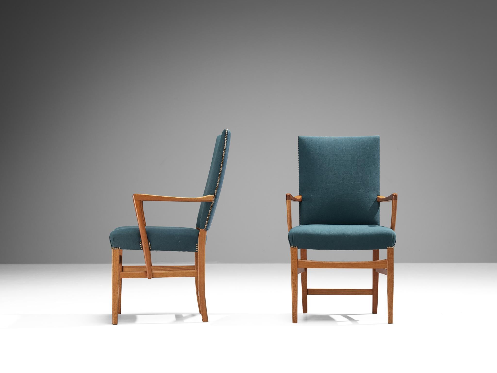 Brass Carl Malmsten Pair of Armchairs in Teak and Green-Blue Upholstery  For Sale