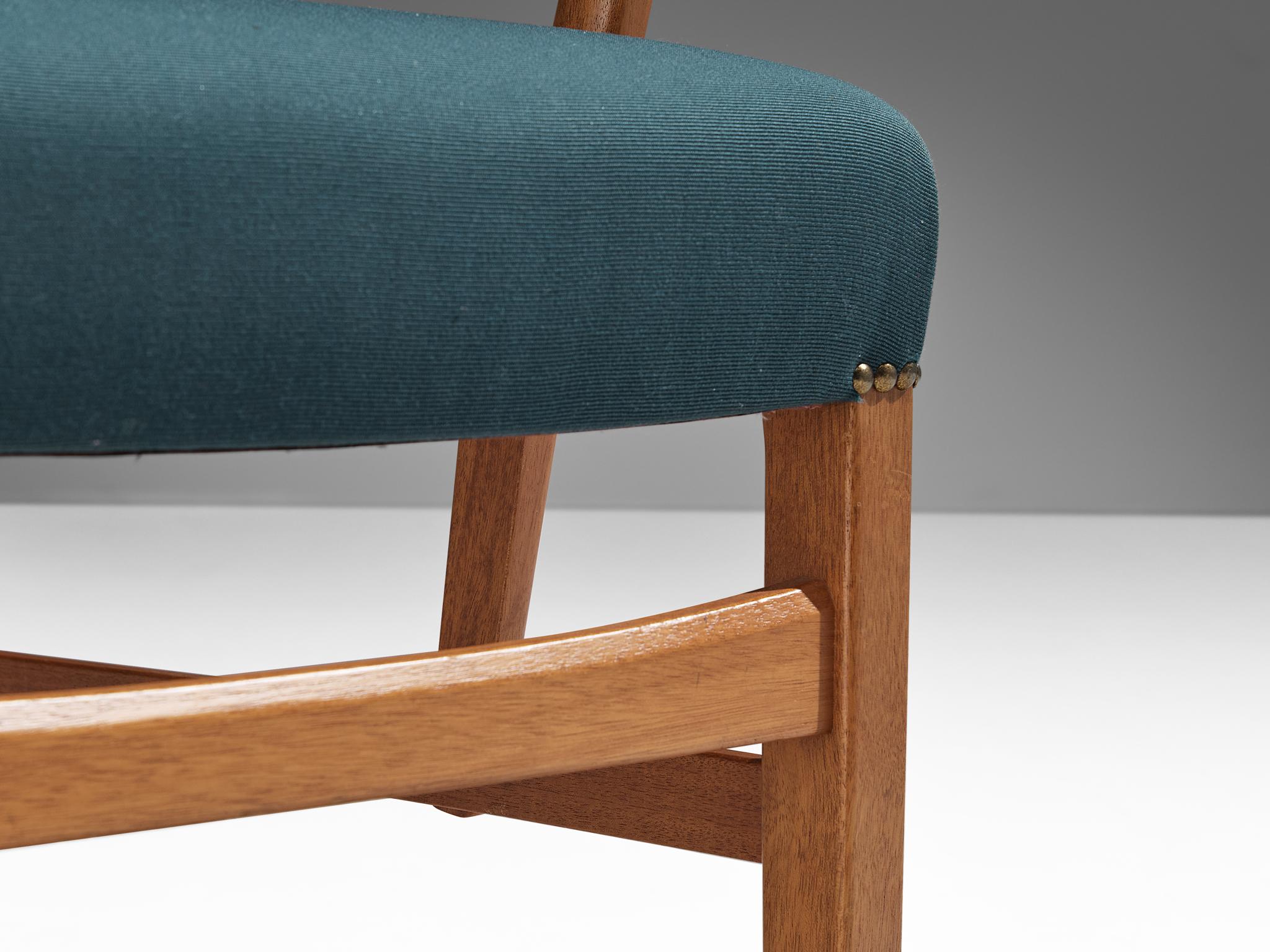 Carl Malmsten Pair of Armchairs in Teak and Green-Blue Upholstery  For Sale 1