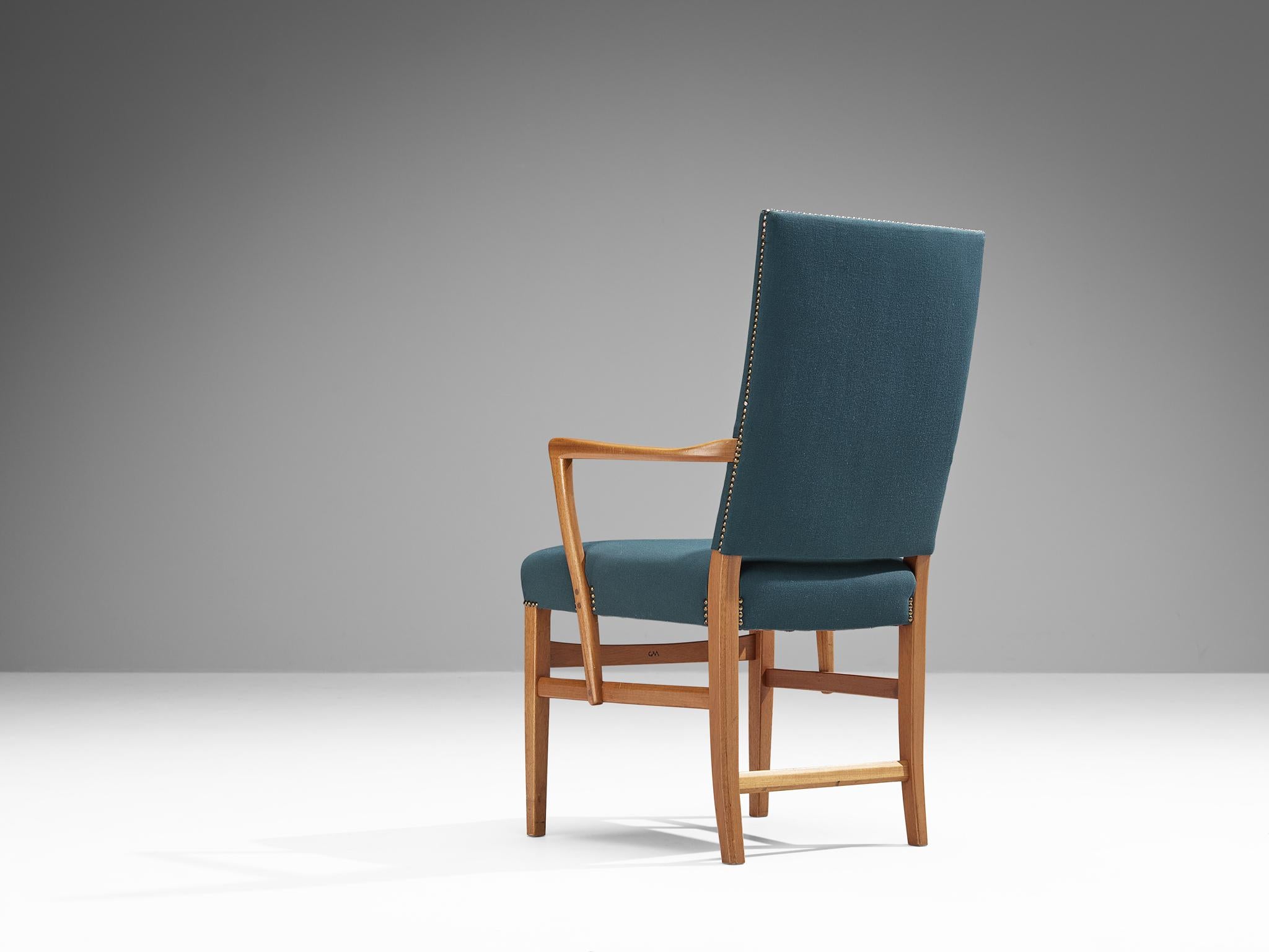 Carl Malmsten Pair of Armchairs in Teak and Green-Blue Upholstery  For Sale 2