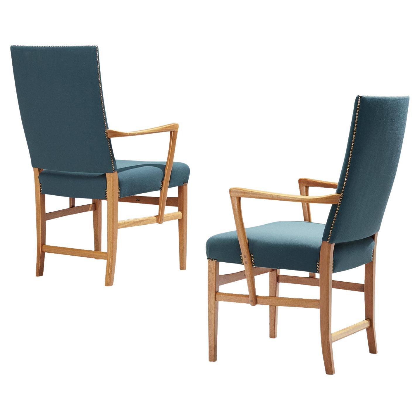 Carl Malmsten Pair of Armchairs in Teak and Green-Blue Upholstery  For Sale