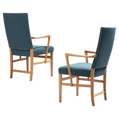 Carl Malmsten Pair of Armchairs in Teak and Green-Blue Upholstery 