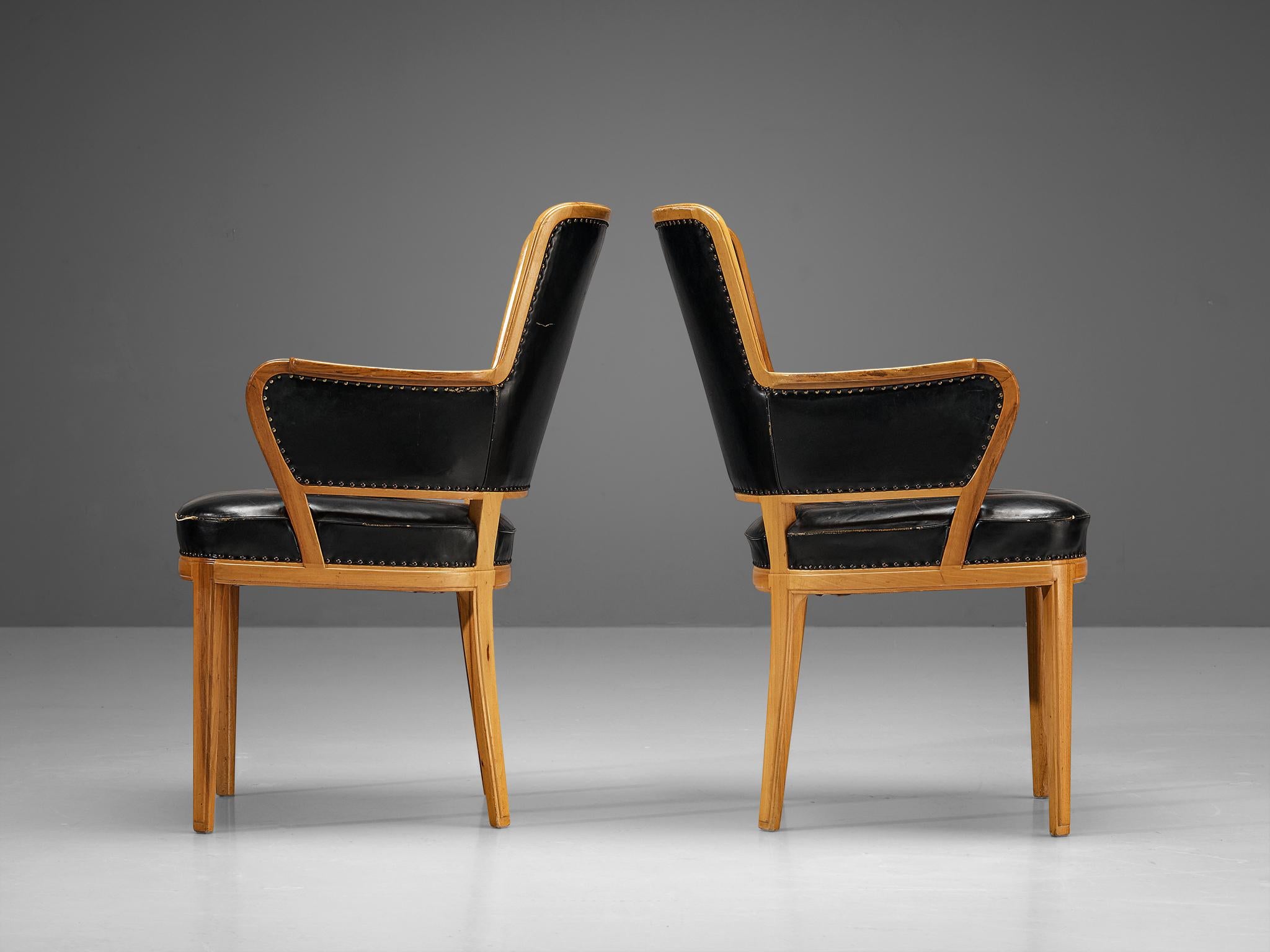 Swedish Carl Malmsten Pair of Armchairs in Walnut and Black Leather