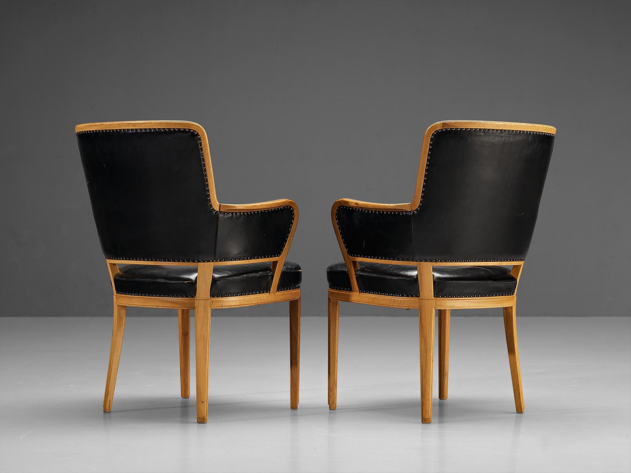 Mid-20th Century Carl Malmsten Pair of Armchairs in Walnut and Black Leather