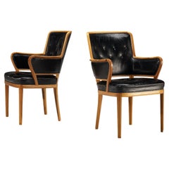 Carl Malmsten Pair of Armchairs in Walnut and Black Leather