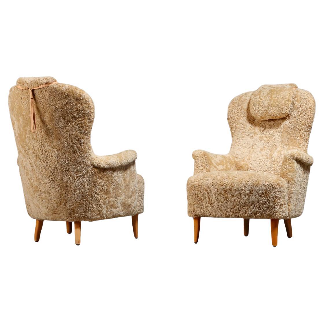 Carl Malmsten Pair of
Farmor
Armchairs in Honey Sheepskin, 1950s