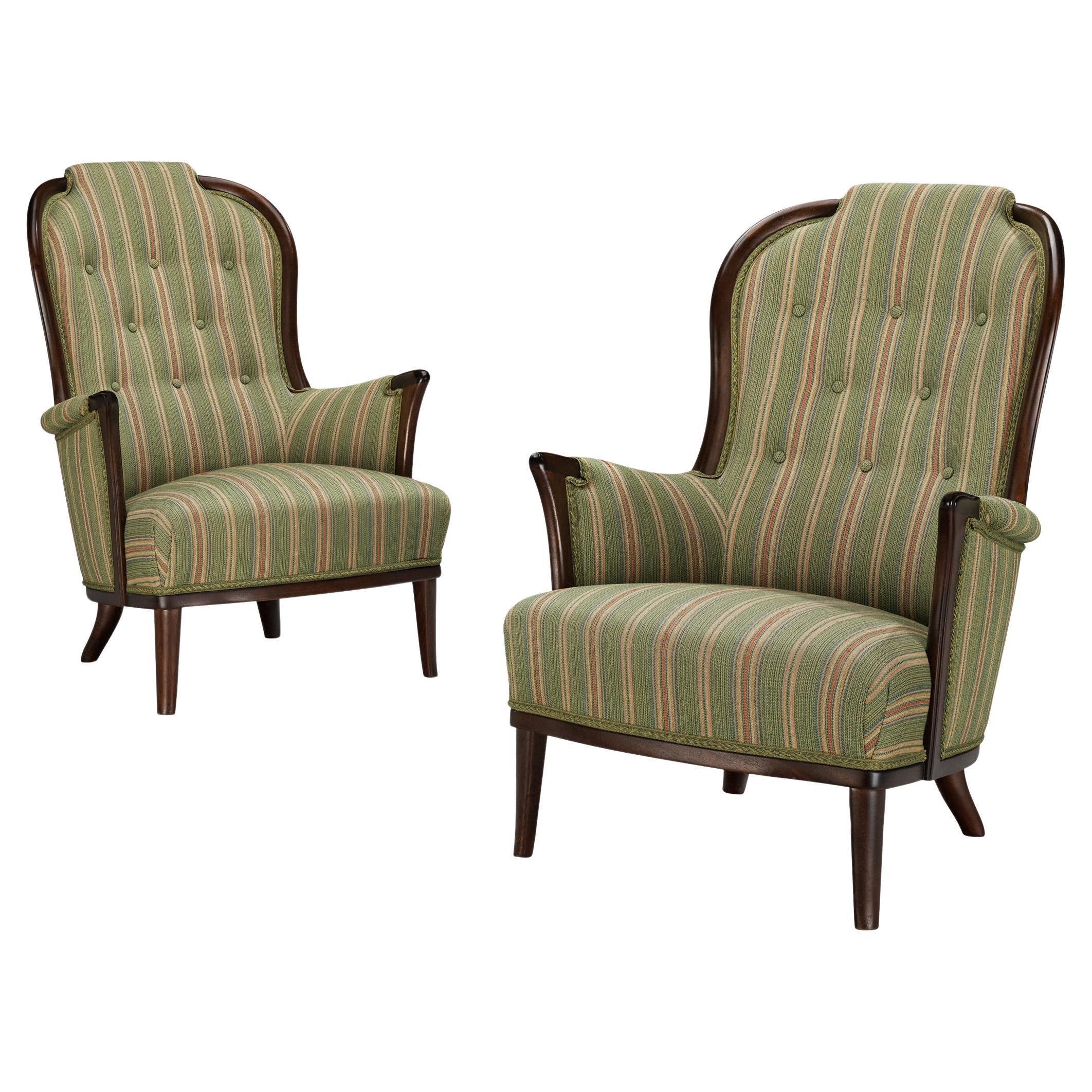 Carl Malmsten Pair of Lounge Chairs with Original Upholstery  For Sale